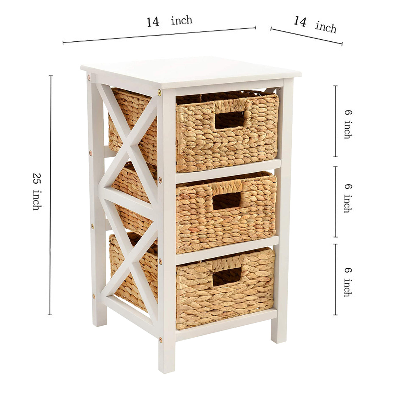 eHemco 3 Tier X-Side End Table Side Table Storage Cabinet with 3 Natural Water Hyacinth Wicker Baskets