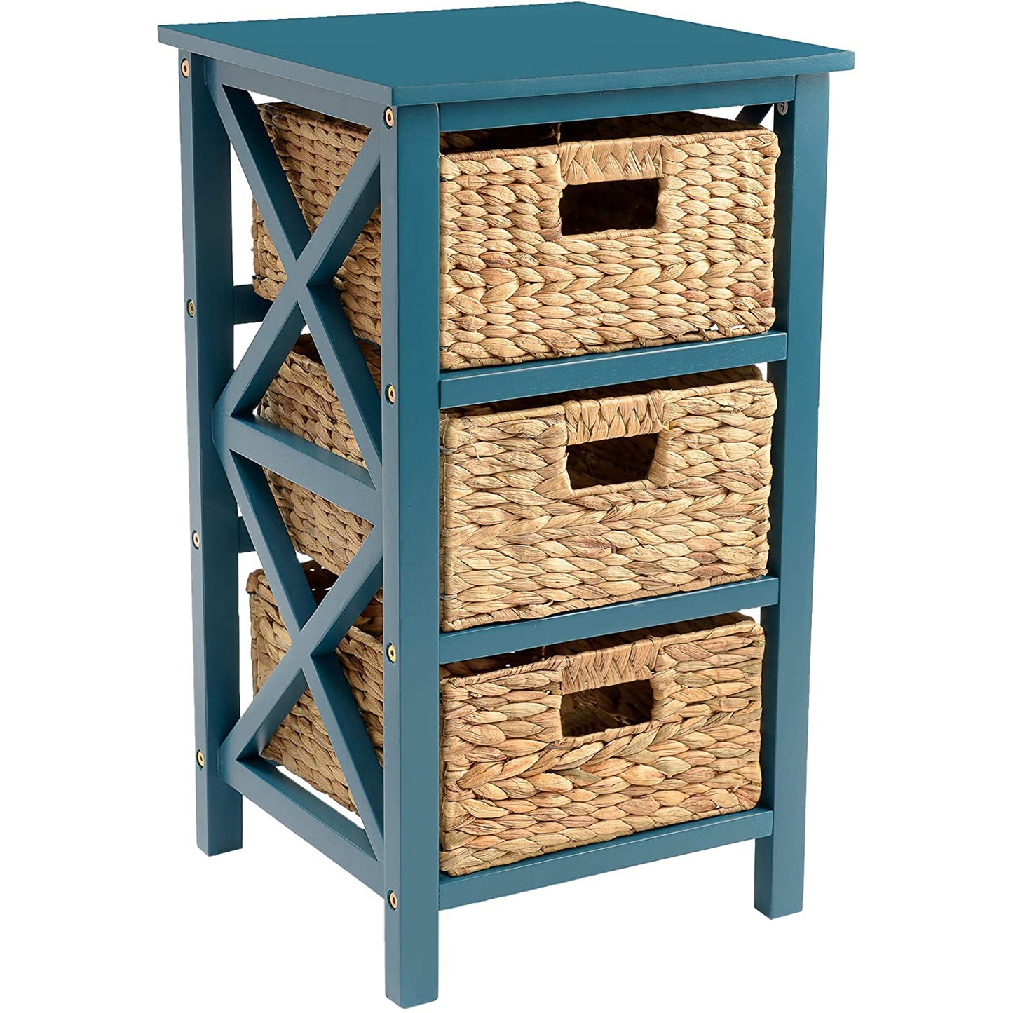 eHemco 3 Tier X-Side End Table Side Table Storage Cabinet with 3 Natural Water Hyacinth Wicker Baskets