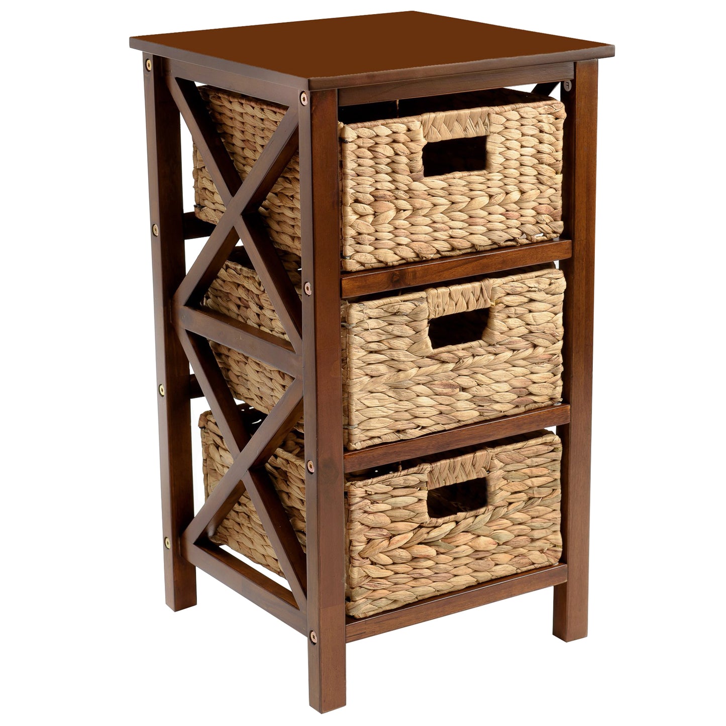 eHemco 3 Tier X-Side End Table Side Table Storage Cabinet with 3 Natural Water Hyacinth Wicker Baskets