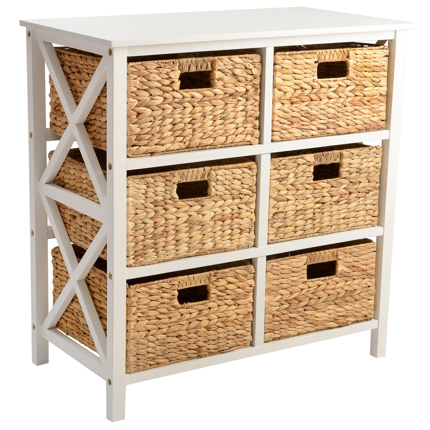 eHemco 3 Tier X-Side End Storage Drawers with 6 Water Hyacinth Natural Wicker Baskets