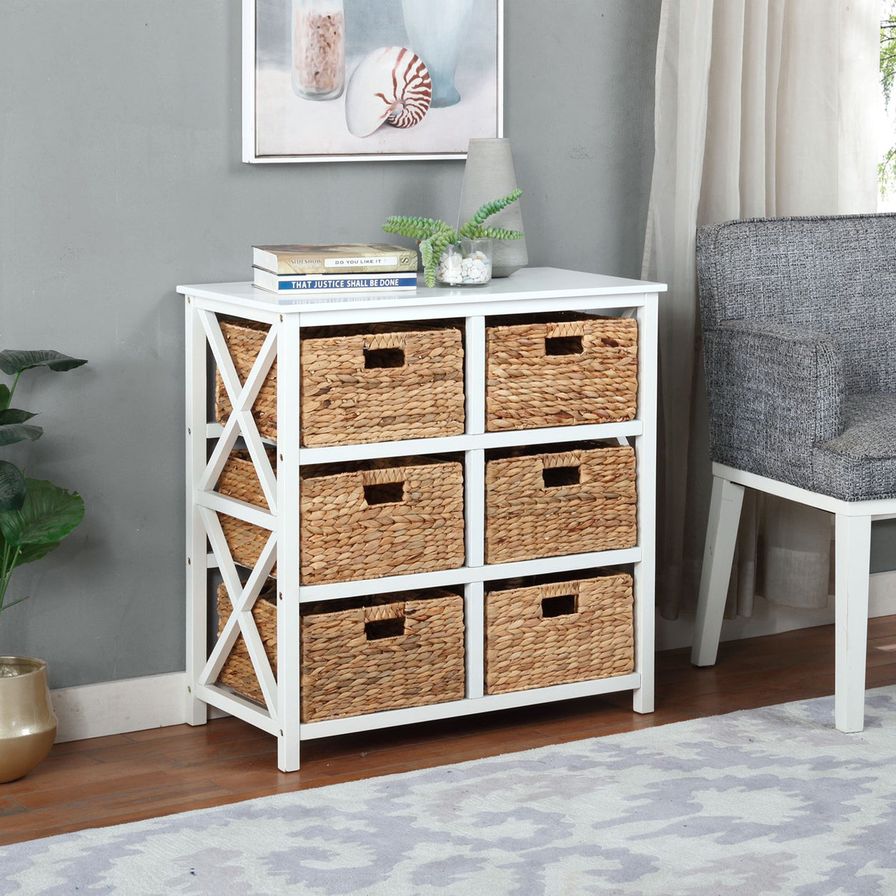 eHemco 3 Tier X-Side End Storage Drawers with 6 Water Hyacinth Natural Wicker Baskets