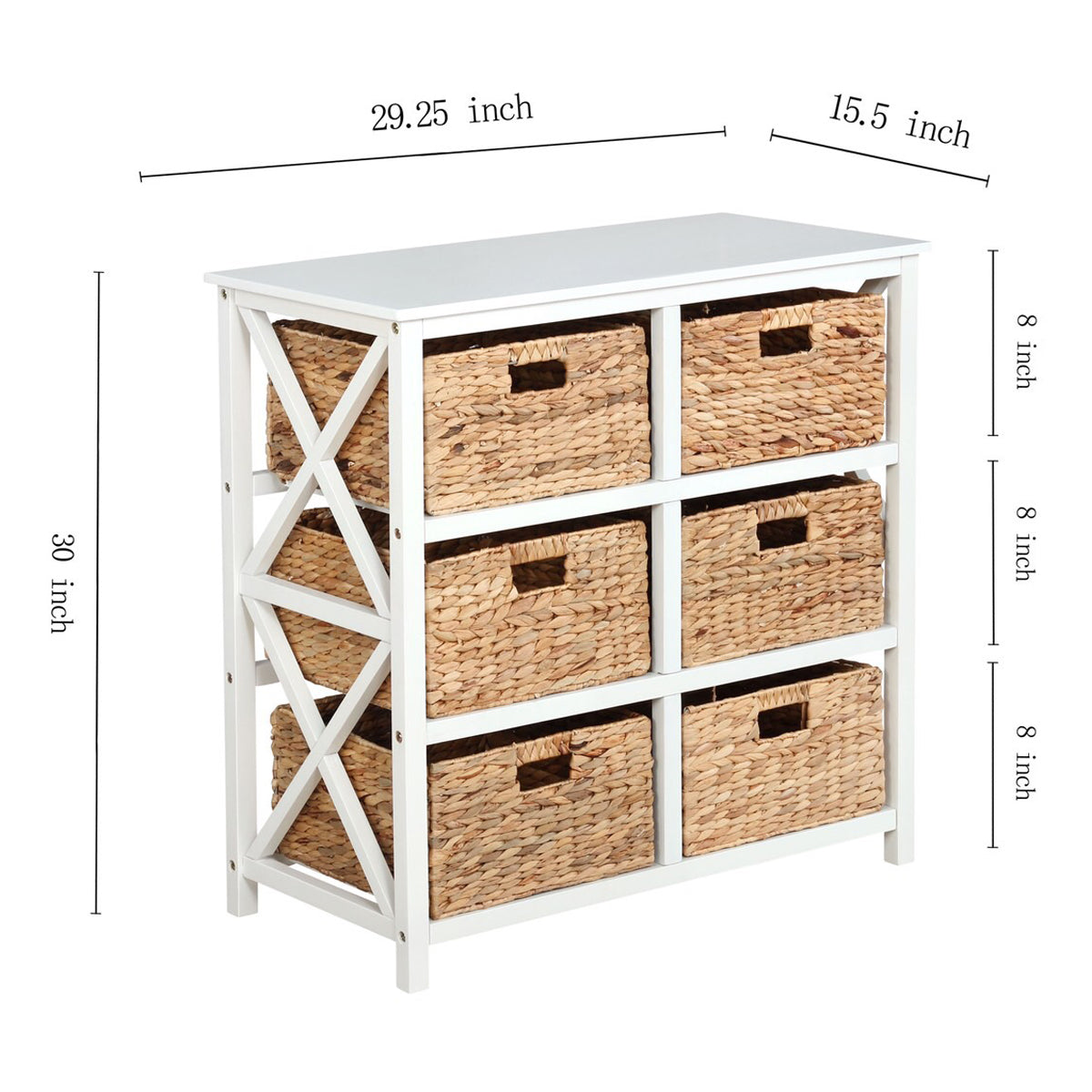 eHemco 3 Tier X-Side End Storage Drawers with 6 Water Hyacinth Natural Wicker Baskets