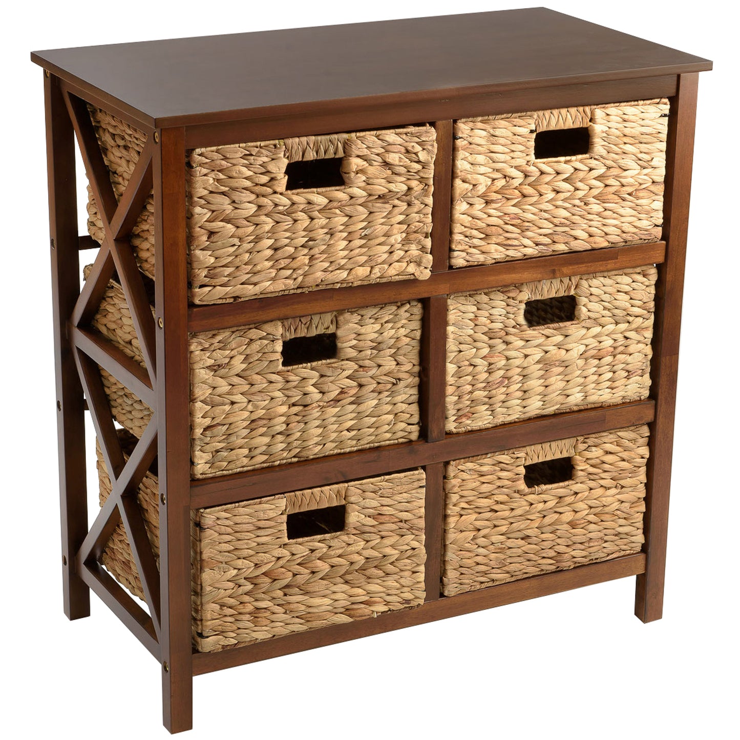 eHemco 3 Tier X-Side End Storage Drawers with 6 Water Hyacinth Natural Wicker Baskets