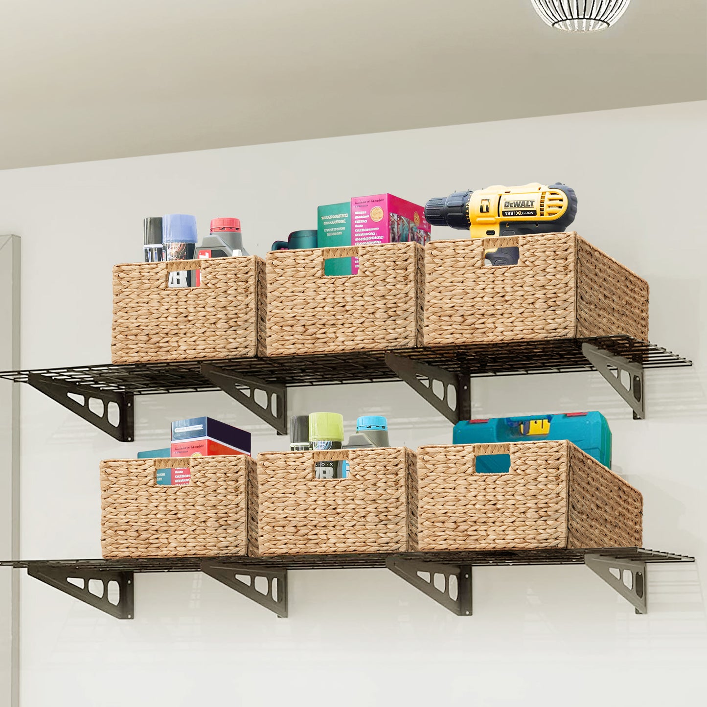 eHemco Extra Large Rectangular Water Hyacinth Wicker Storage Baskets with Iron Wire Frame, 16.1"x12.6"x9.5", Natural