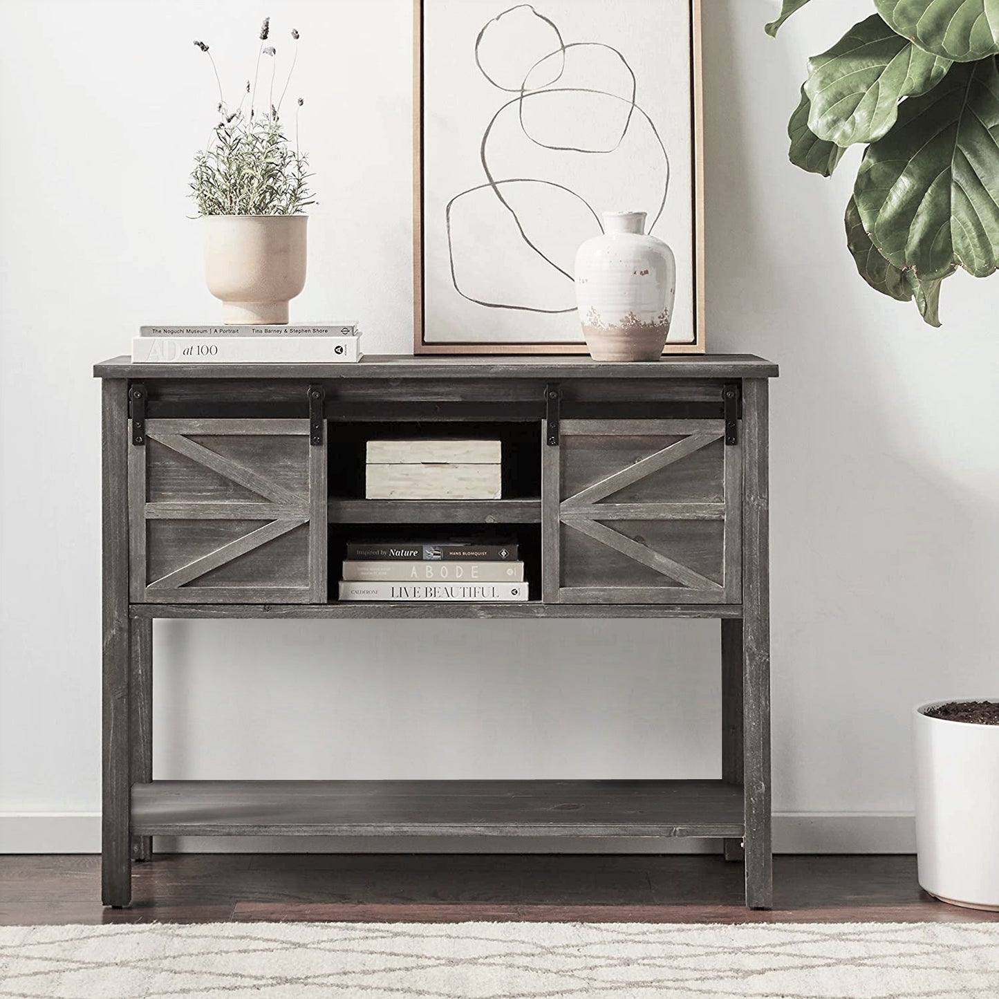 eHemco Antique Farmhouse Console Table with Sliding Barn Doors and Bottom Storage Shelf