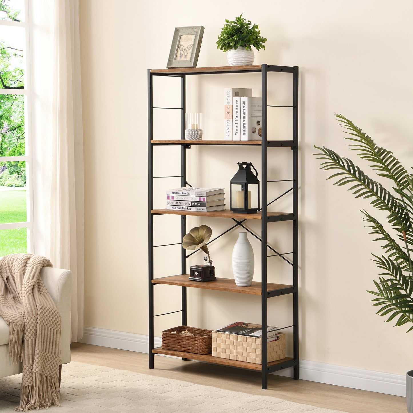 eHemco 5 Tier Bookshelf, Modern Rustic Bookcase Shelf, Book Rack, Free Standing Shelf, Storage Rack for Home Office, Living Room, Kitchen, 64 Inches