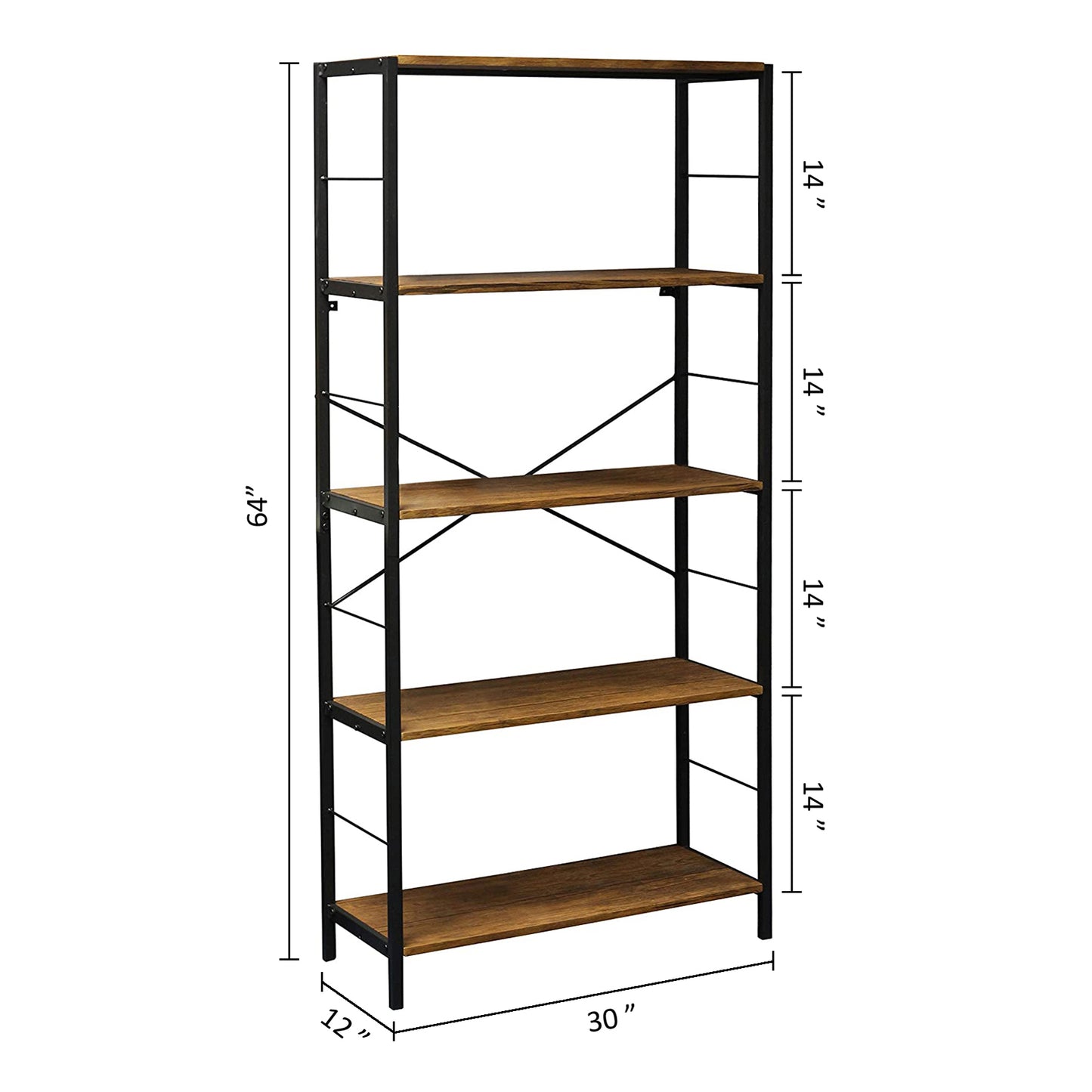 eHemco 5 Tier Bookshelf, Modern Rustic Bookcase Shelf, Book Rack, Free Standing Shelf, Storage Rack for Home Office, Living Room, Kitchen, 64 Inches