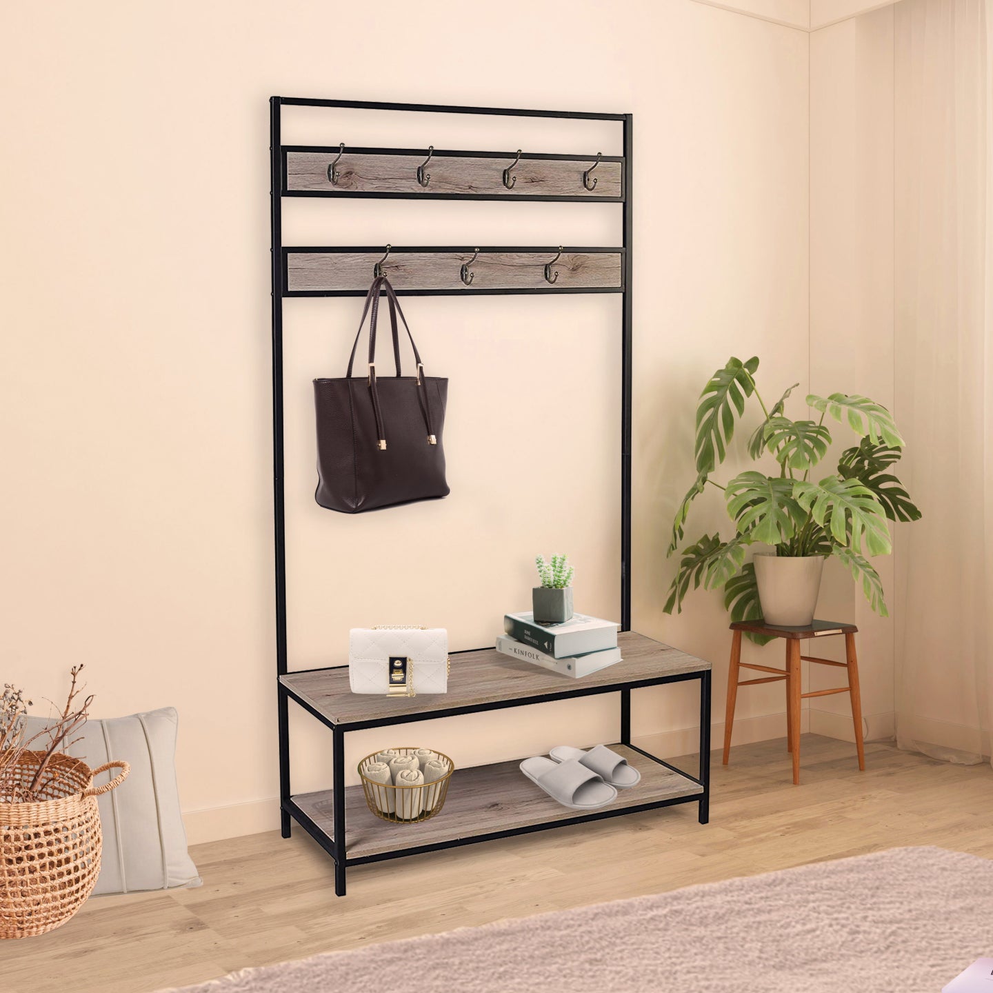 eHemco Metal and Wood Entryway Hall Tree and Coat Rack for Living Room and Hallway, with Storage Bench and 7 Hooks