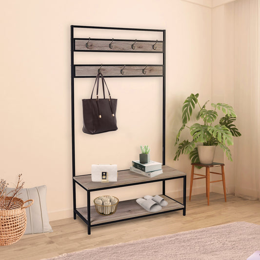 eHemco Metal and Wood Entryway Hall Tree and Coat Rack for Living Room and Hallway, with Storage Bench and 7 Hooks