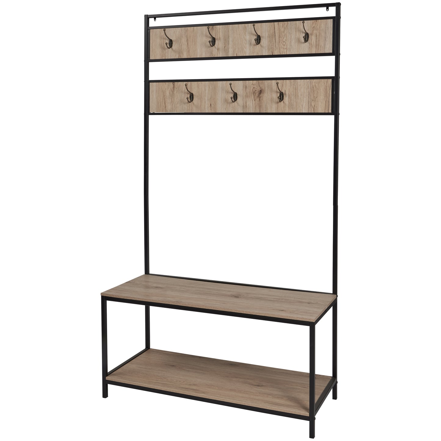 eHemco Metal and Wood Entryway Hall Tree and Coat Rack for Living Room and Hallway, with Storage Bench and 7 Hooks