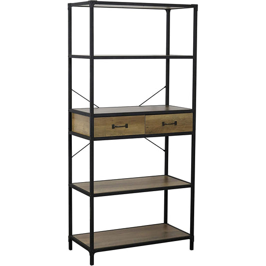 eHemco 5 Tier Rustic Design Bookcase with 2 Drawers, 68.5 Inches, Black Base