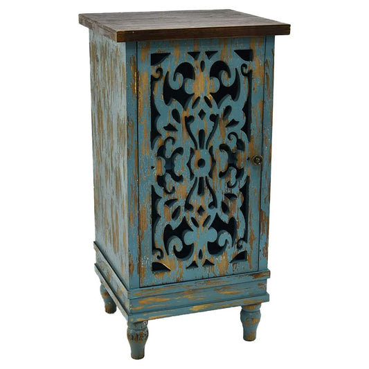 eHemco Wooden Rustic Dual Storage Shelf Rectangle End Table with Carved Legs for Living Room, Teal