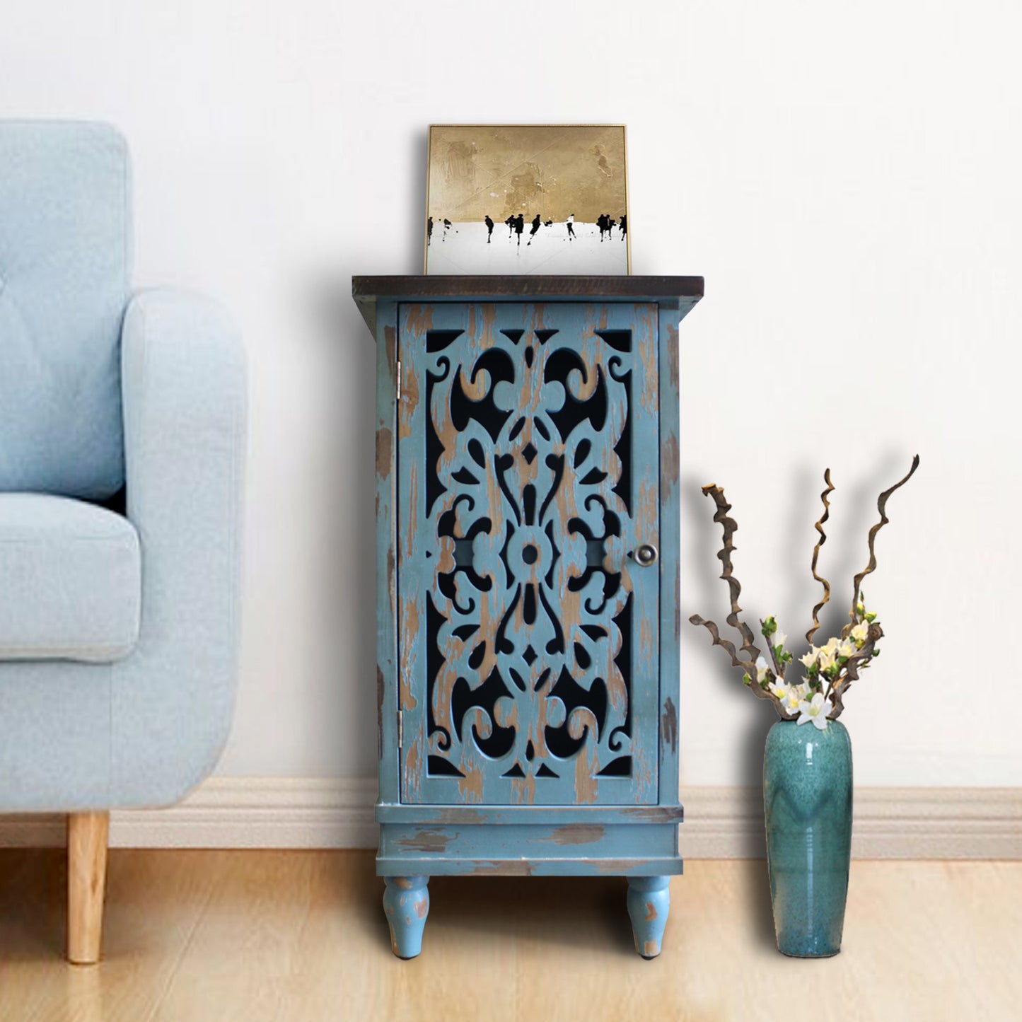 eHemco Wooden Rustic Dual Storage Shelf Rectangle End Table with Carved Legs for Living Room, Teal