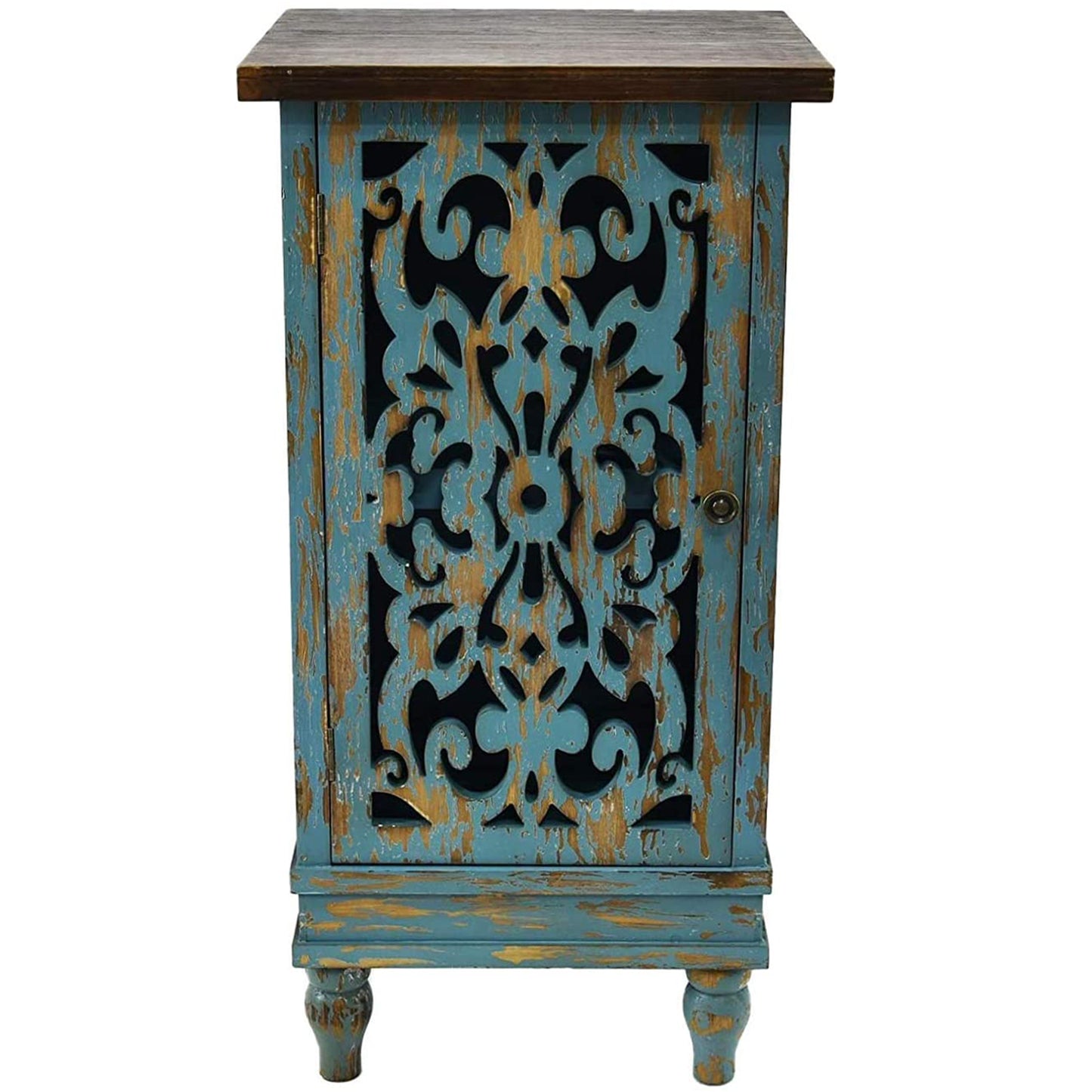eHemco Wooden Rustic Dual Storage Shelf Rectangle End Table with Carved Legs for Living Room, Teal