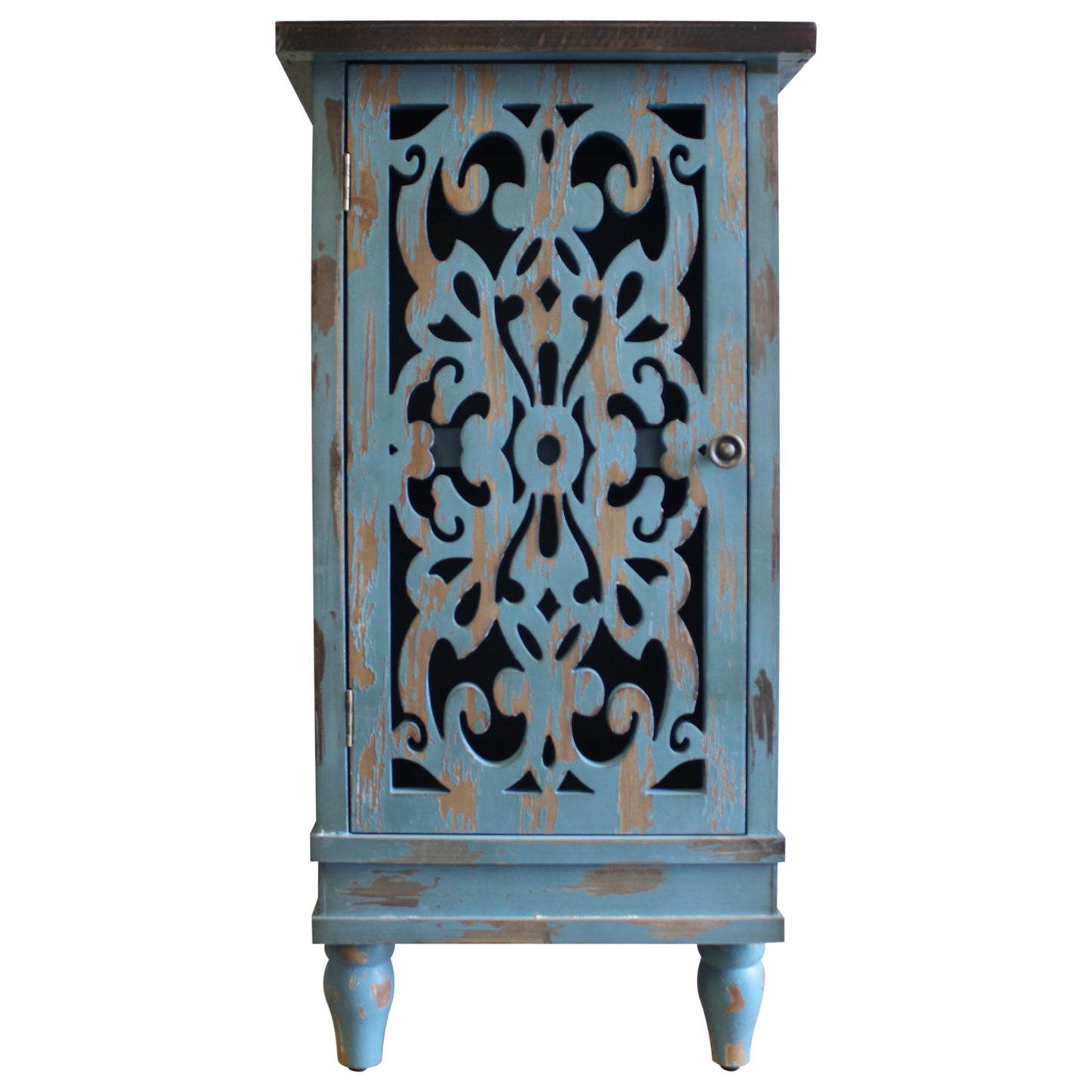 eHemco Wooden Rustic Dual Storage Shelf Rectangle End Table with Carved Legs for Living Room, Teal