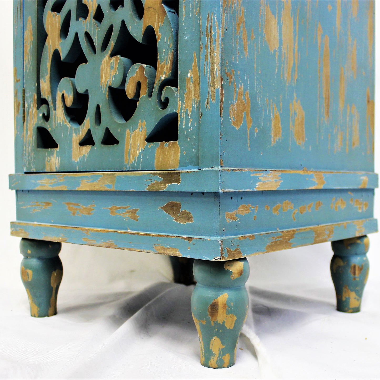 eHemco Wooden Rustic Dual Storage Shelf Rectangle End Table with Carved Legs for Living Room, Teal