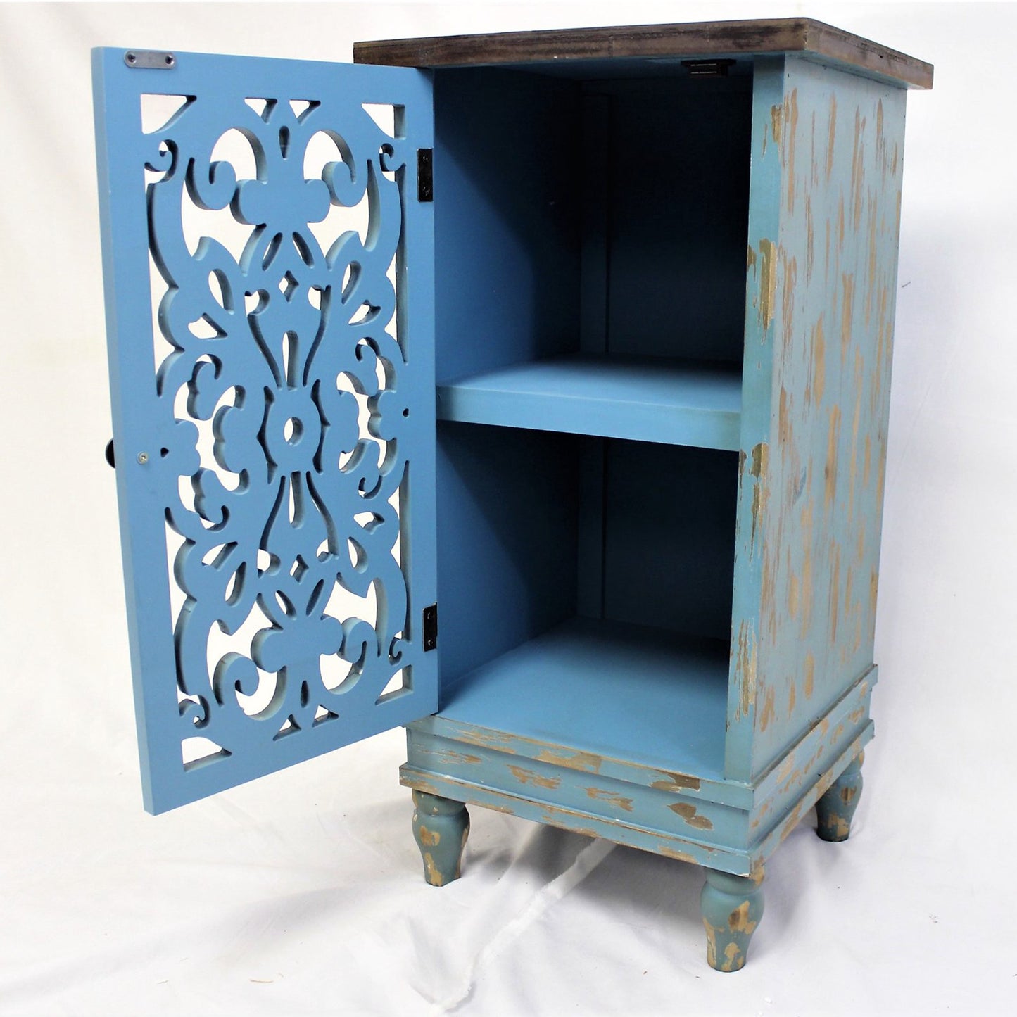 eHemco Wooden Rustic Dual Storage Shelf Rectangle End Table with Carved Legs for Living Room, Teal