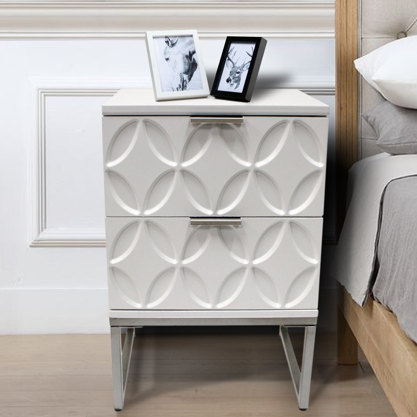 eHemco End Table Side Table with 2 Drawers and Metal Legs, White