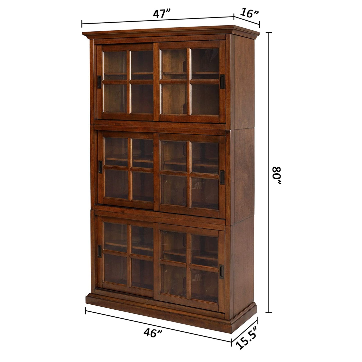 eHemco Wooden Standard Bookcase with Sliding Glass Doors and Adjustable Shelves, Stackable, 80 Inches Height, Coffee