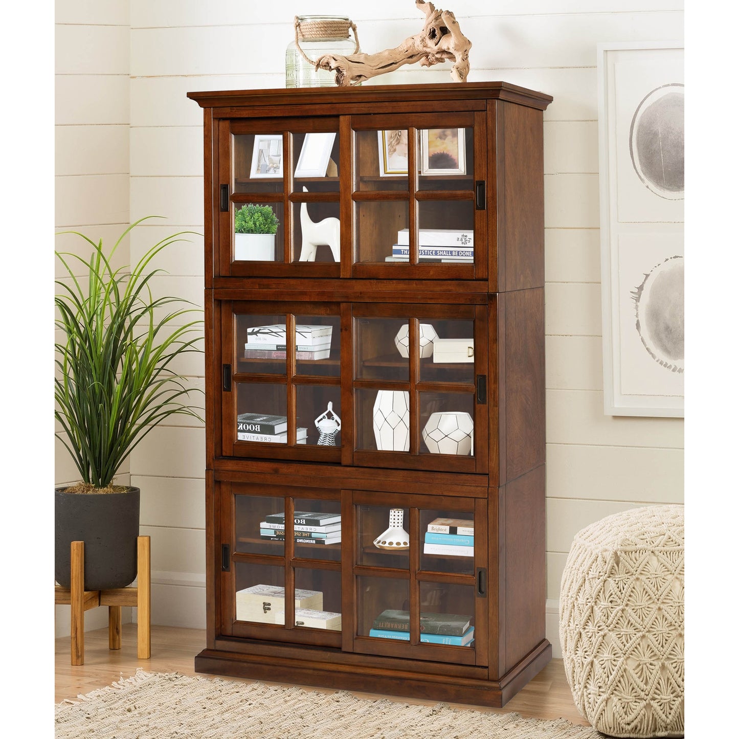 eHemco Wooden Standard Bookcase with Sliding Glass Doors and Adjustable Shelves, Stackable, 80 Inches Height, Coffee