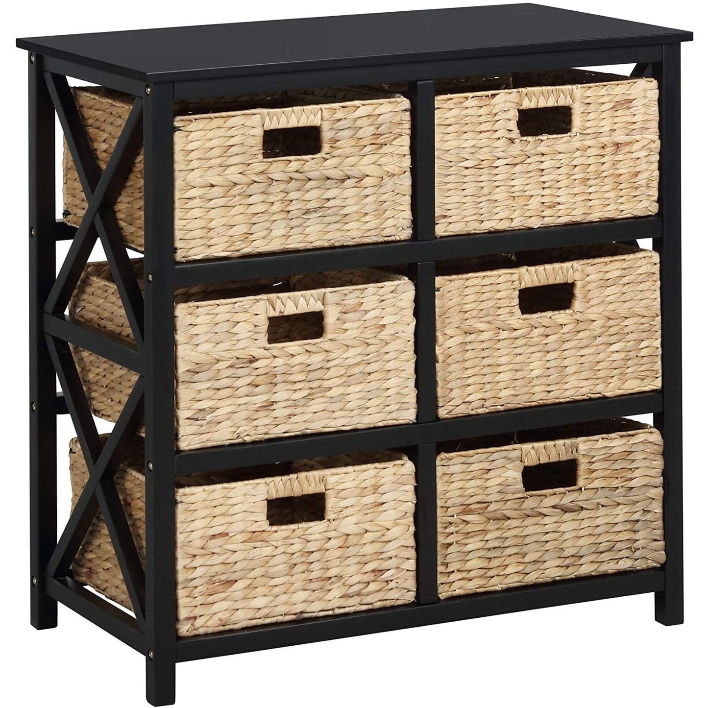 eHemco 3 Tier X-Side End Storage Drawers with 6 Water Hyacinth Natural Wicker Baskets