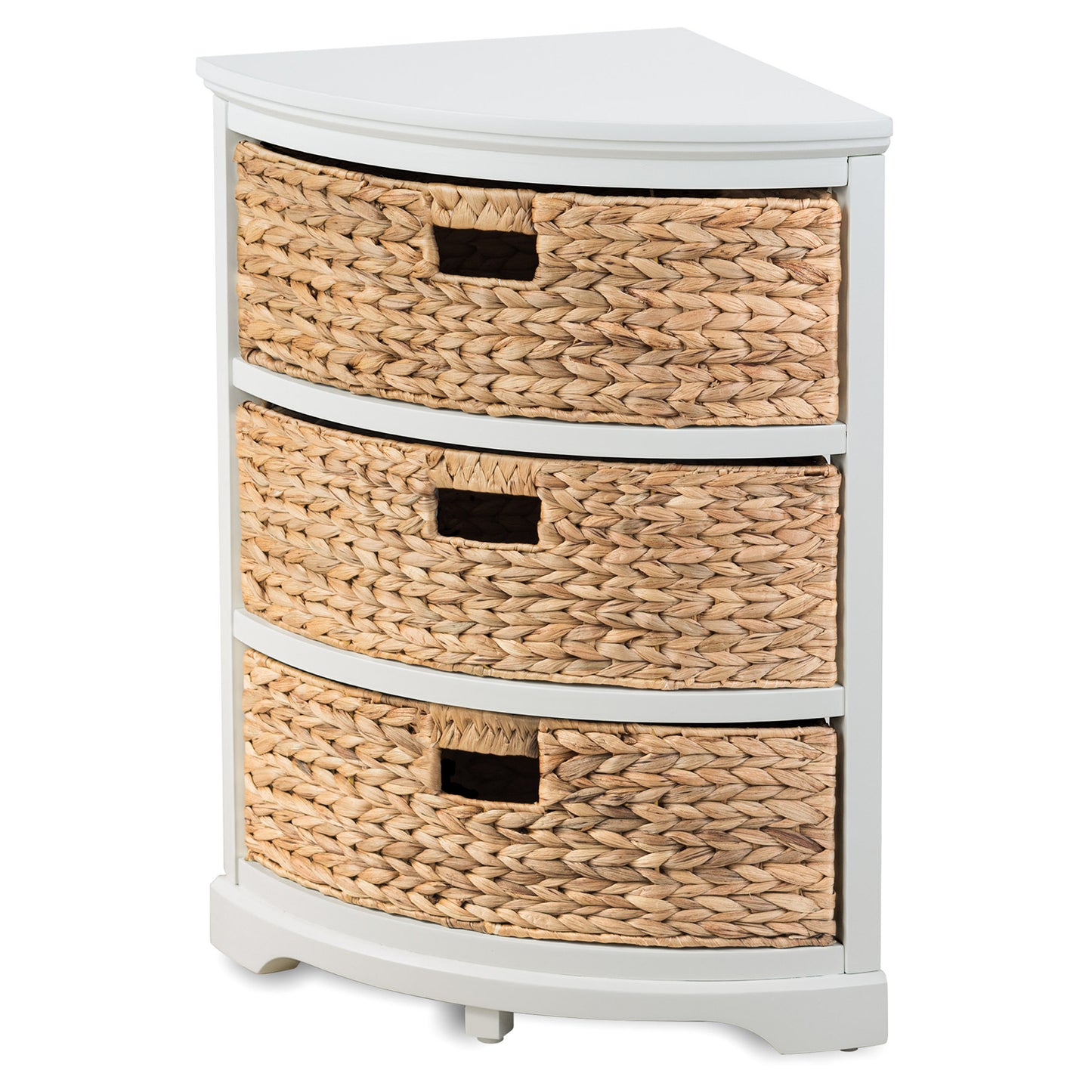eHemco Hampton Meadows 3 Tier X-Side Corner Table Storage Cabinet with 3 Natural Water Hyacinth Wicker Baskets for Living Room