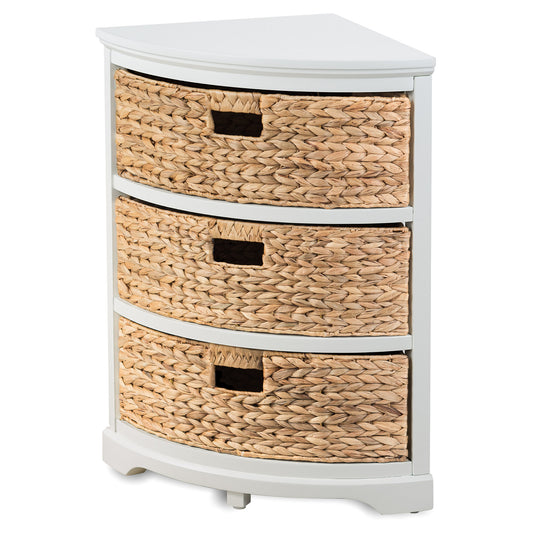eHemco Hampton Meadows 3 Tier X-Side Corner Table Storage Cabinet with 3 Natural Water Hyacinth Wicker Baskets for Living Room