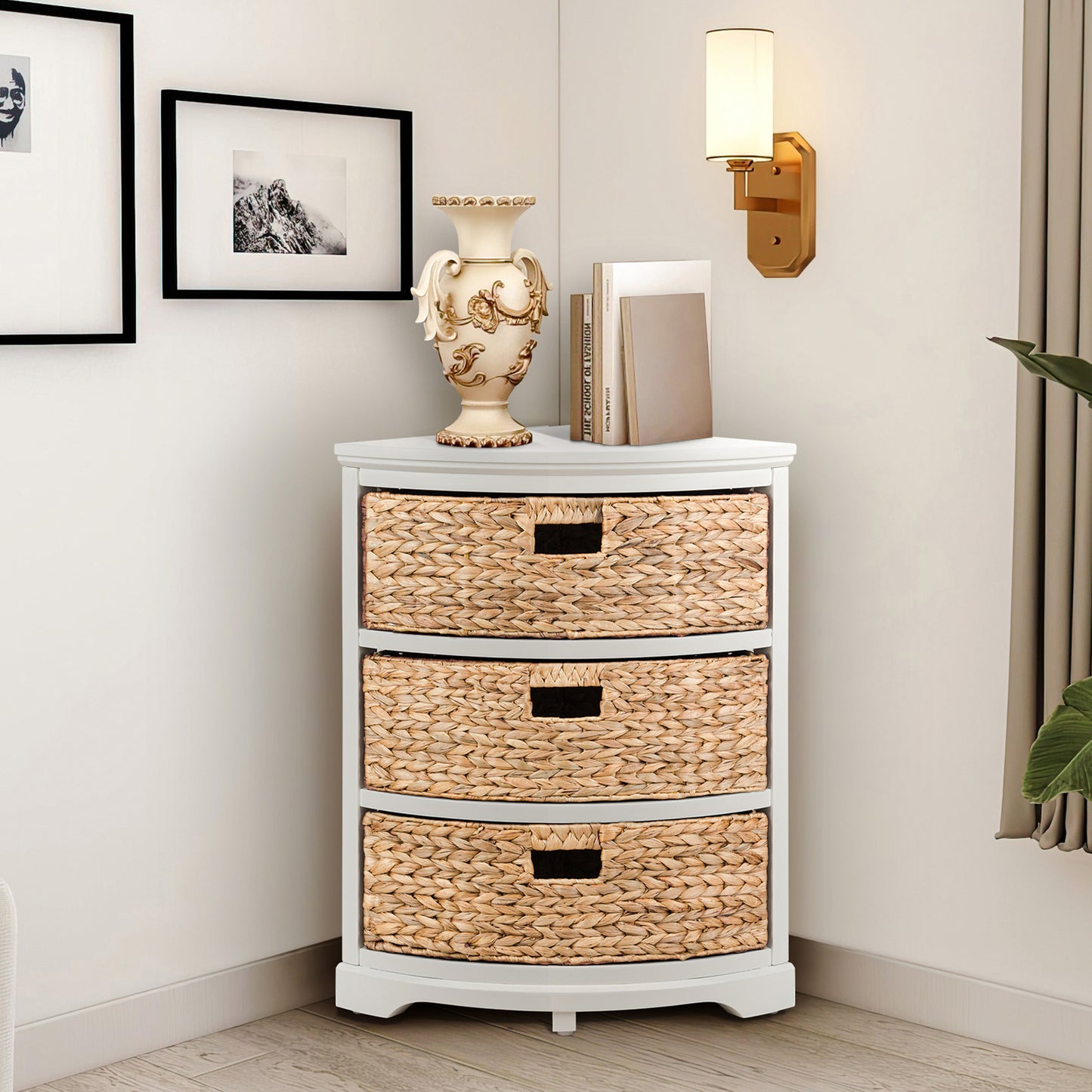 eHemco Hampton Meadows 3 Tier X-Side Corner Table Storage Cabinet with 3 Natural Water Hyacinth Wicker Baskets for Living Room