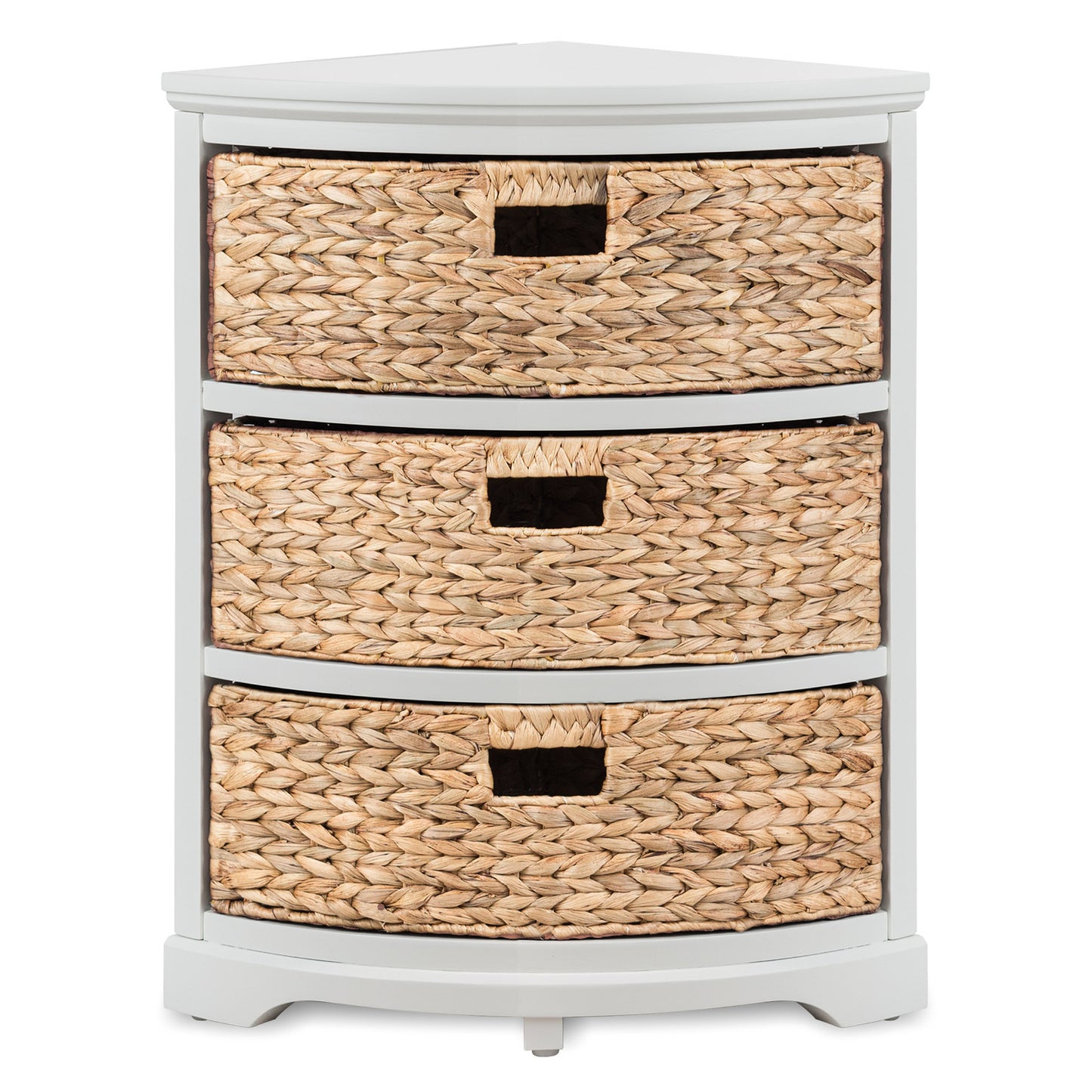 eHemco Hampton Meadows 3 Tier X-Side Corner Table Storage Cabinet with 3 Natural Water Hyacinth Wicker Baskets for Living Room