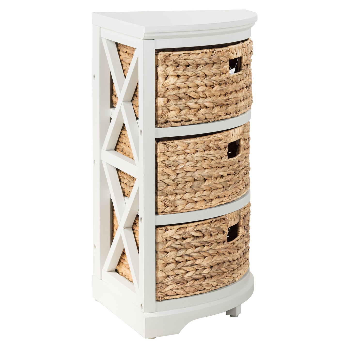 eHemco Hampton Meadows 3 Tier X-Side Corner Table Storage Cabinet with 3 Natural Water Hyacinth Wicker Baskets for Living Room