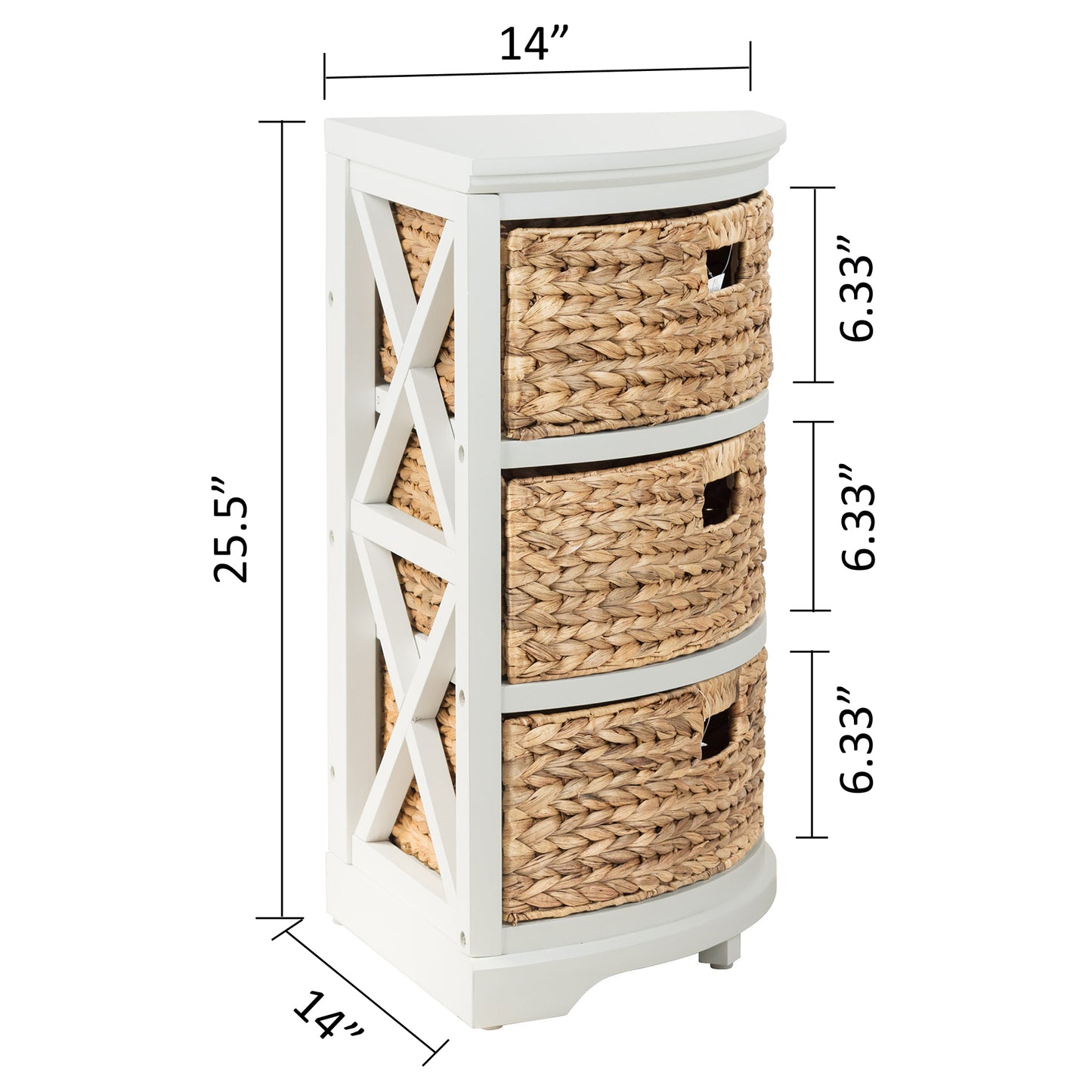 eHemco Hampton Meadows 3 Tier X-Side Corner Table Storage Cabinet with 3 Natural Water Hyacinth Wicker Baskets for Living Room