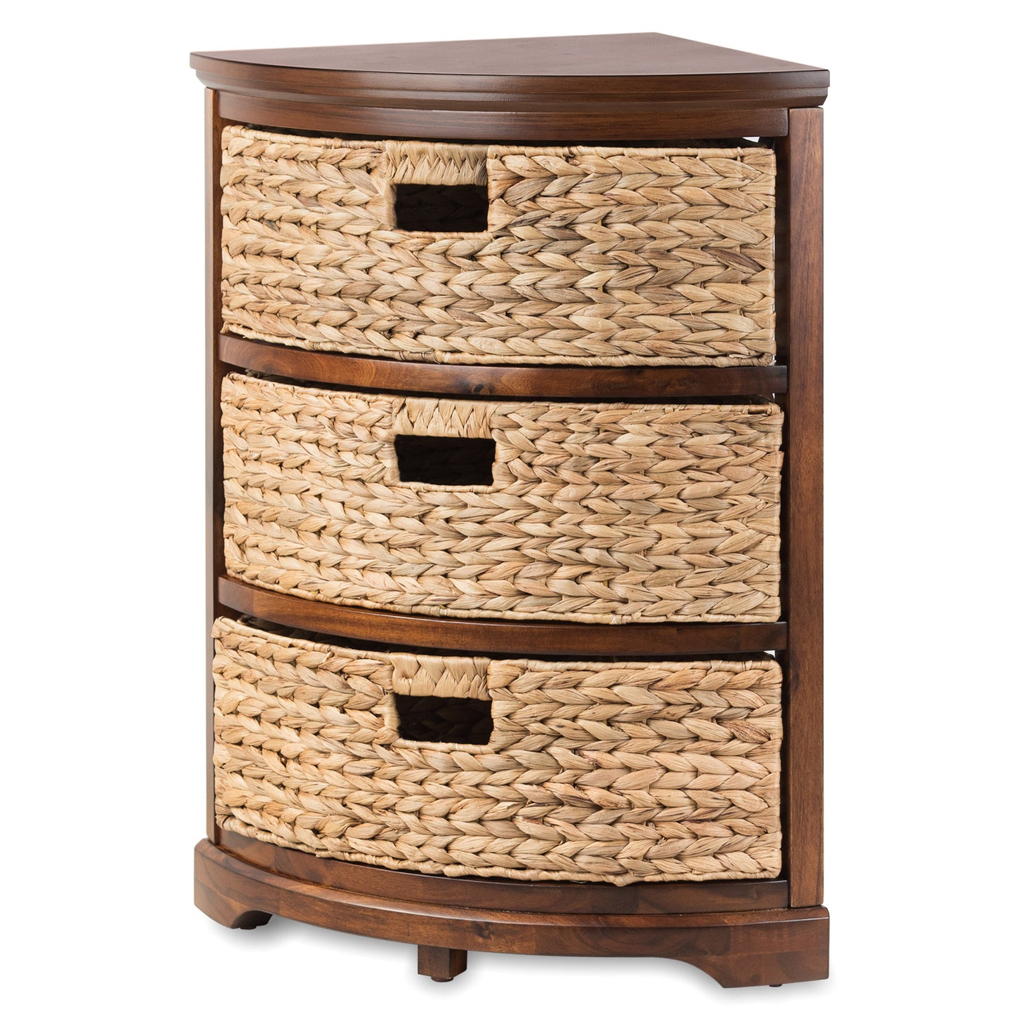 eHemco Hampton Meadows 3 Tier X-Side Corner Table Storage Cabinet with 3 Natural Water Hyacinth Wicker Baskets for Living Room