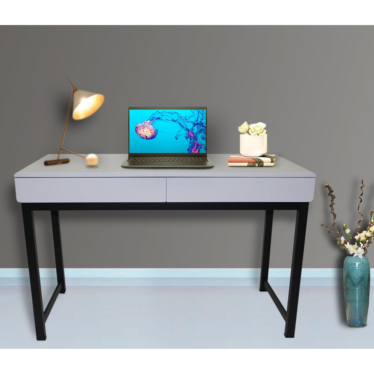 eHemco Office Desk with 2 Drawers in Light Gray Top and Metal Frame Base in Black