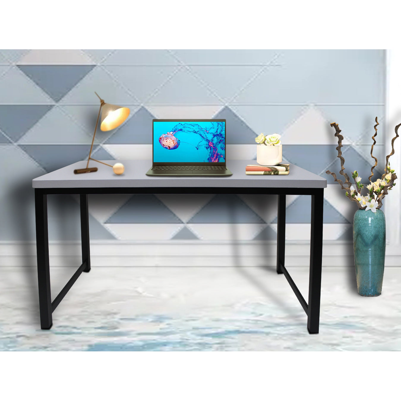 eHemco Office Computer Desk in Light Gray Top and Metal Frame Base in Black, 30 Inches Height