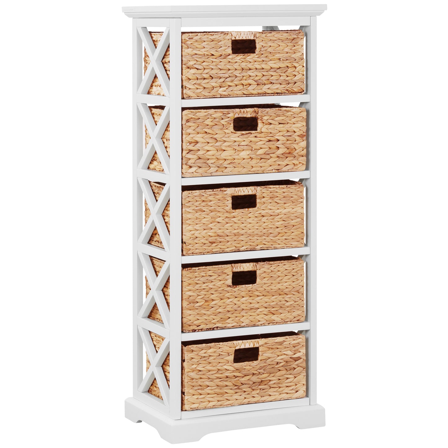 eHemco Hampton Meadows 5 Tier X-Side End Storage Cabinet with 5 Water Hyacinth Natural Wicker Baskets