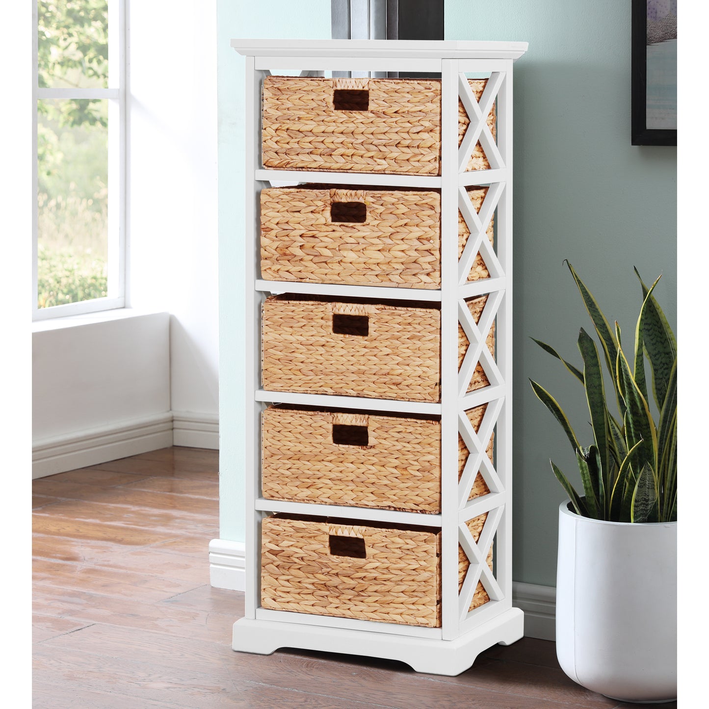 eHemco Hampton Meadows 5 Tier X-Side End Storage Cabinet with 5 Water Hyacinth Natural Wicker Baskets