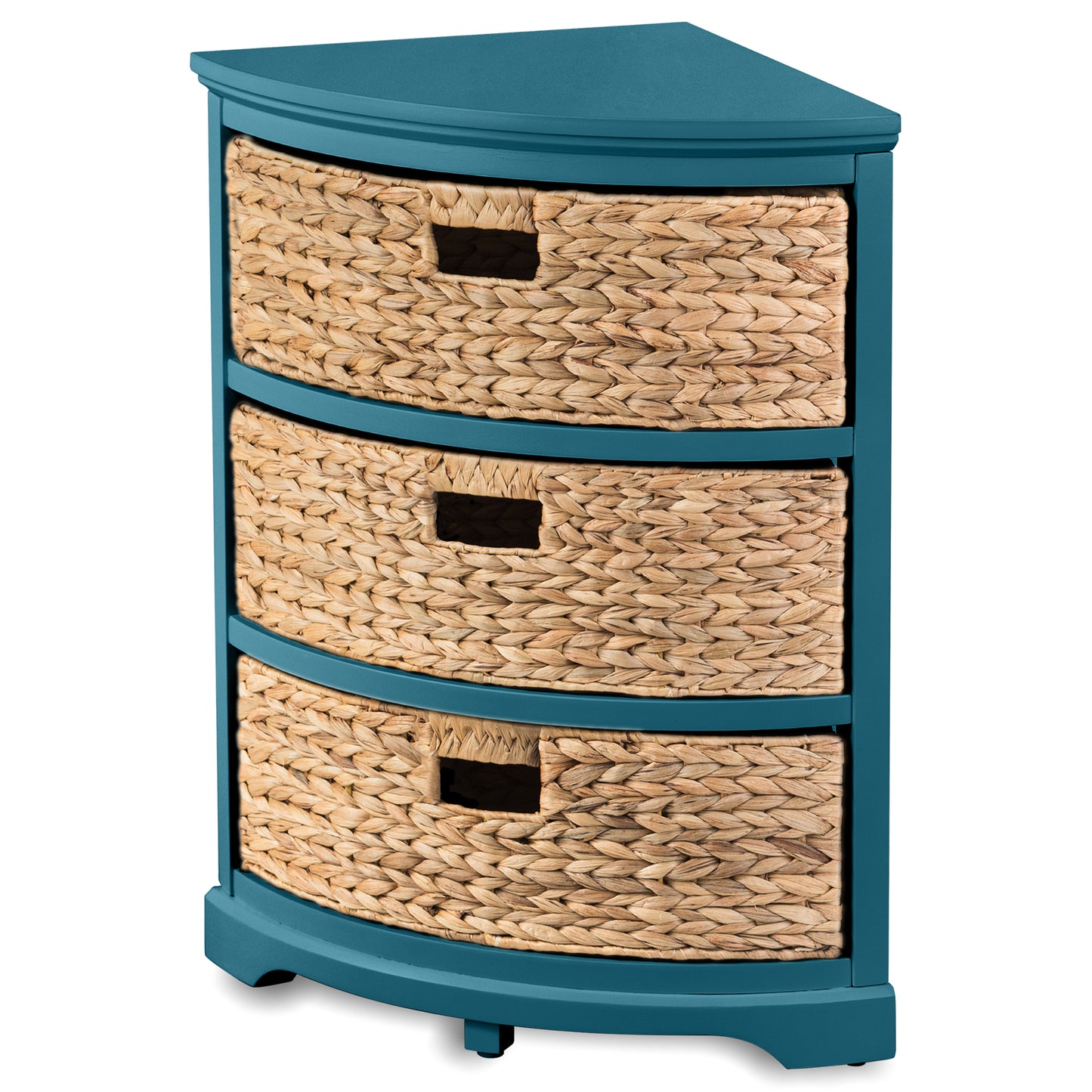 eHemco Hampton Meadows 3 Tier X-Side Corner Table Storage Cabinet with 3 Natural Water Hyacinth Wicker Baskets for Living Room