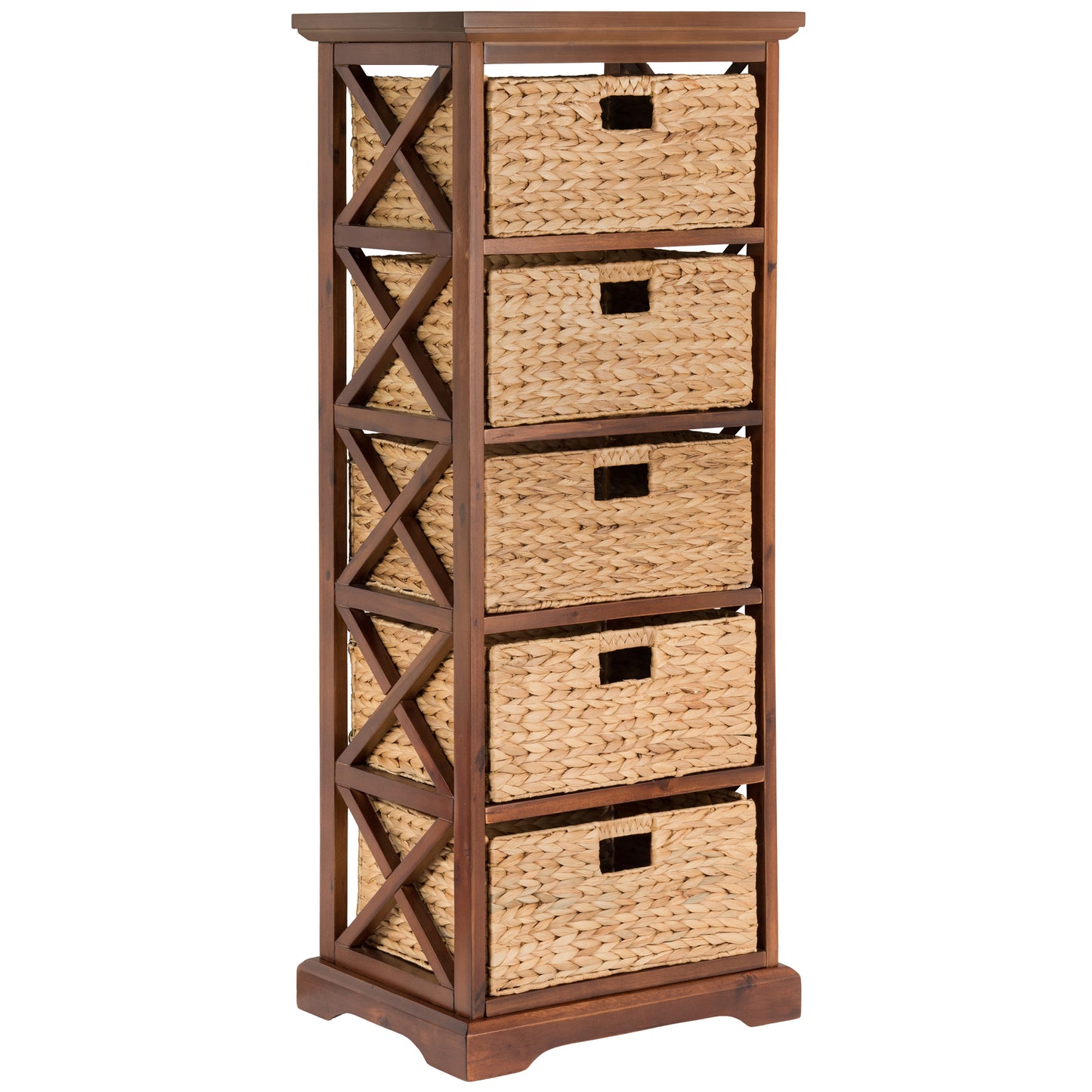 eHemco Hampton Meadows 5 Tier X-Side End Storage Cabinet with 5 Water Hyacinth Natural Wicker Baskets