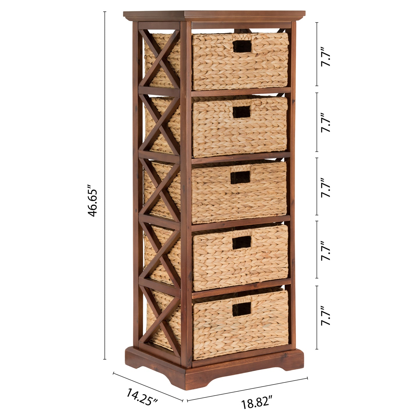 eHemco Hampton Meadows 5 Tier X-Side End Storage Cabinet with 5 Water Hyacinth Natural Wicker Baskets