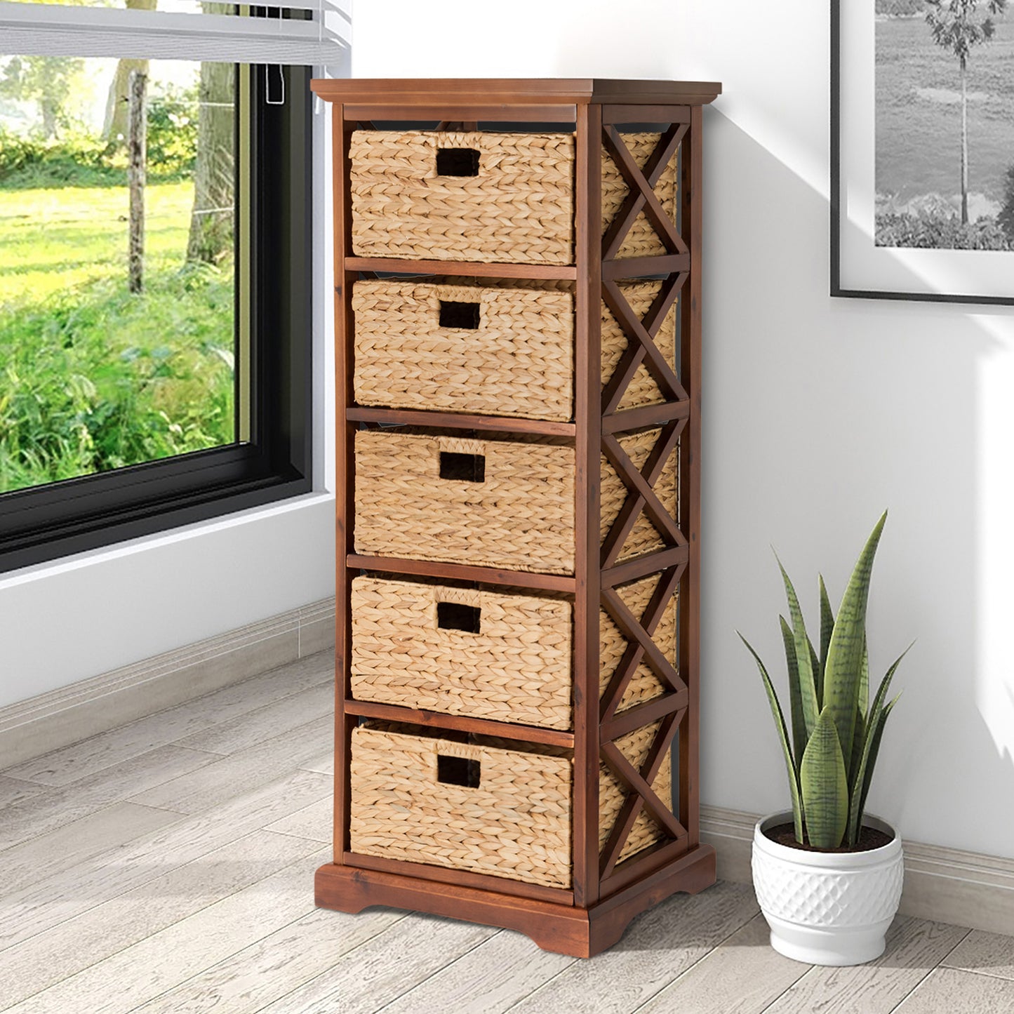 eHemco Hampton Meadows 5 Tier X-Side End Storage Cabinet with 5 Water Hyacinth Natural Wicker Baskets