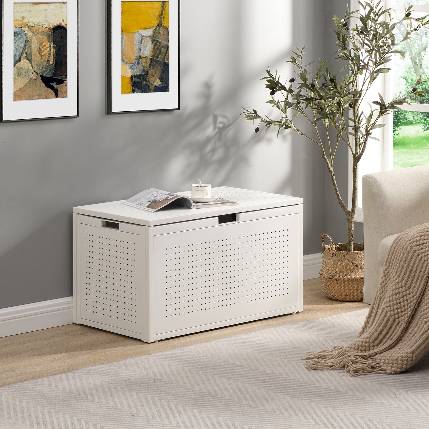 eHemco Heavy-Duty Metal Sheet Storage Trunk with Metal Frame, 29.13 by 17.32 by 17.12 Inches, White