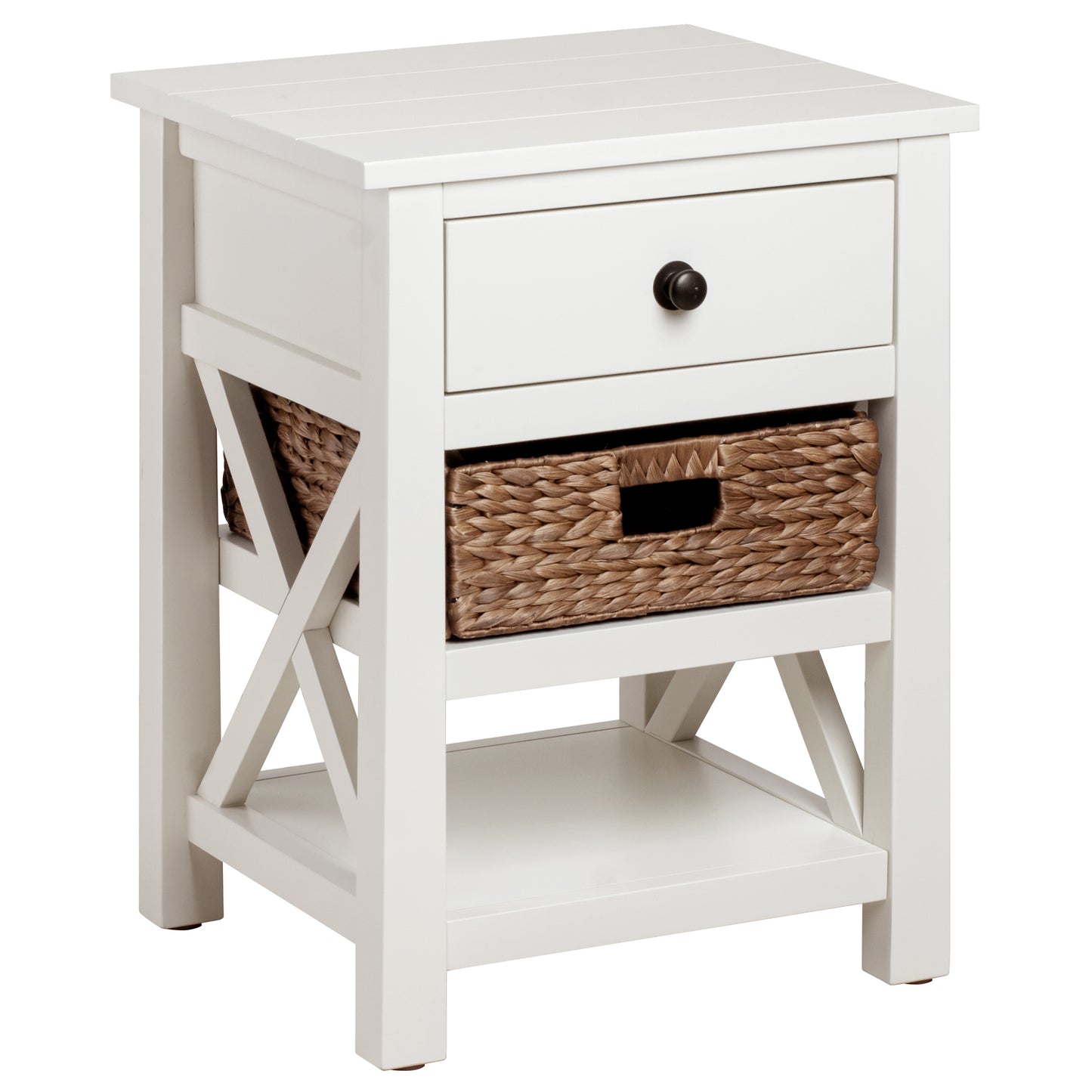 eHemco X-Side Solid Hardwood Nightstand with Drawer, 2 Storage Shelves and Wicker Basket, 24 Inches Tall - Great for Home, Bedroom, Living room