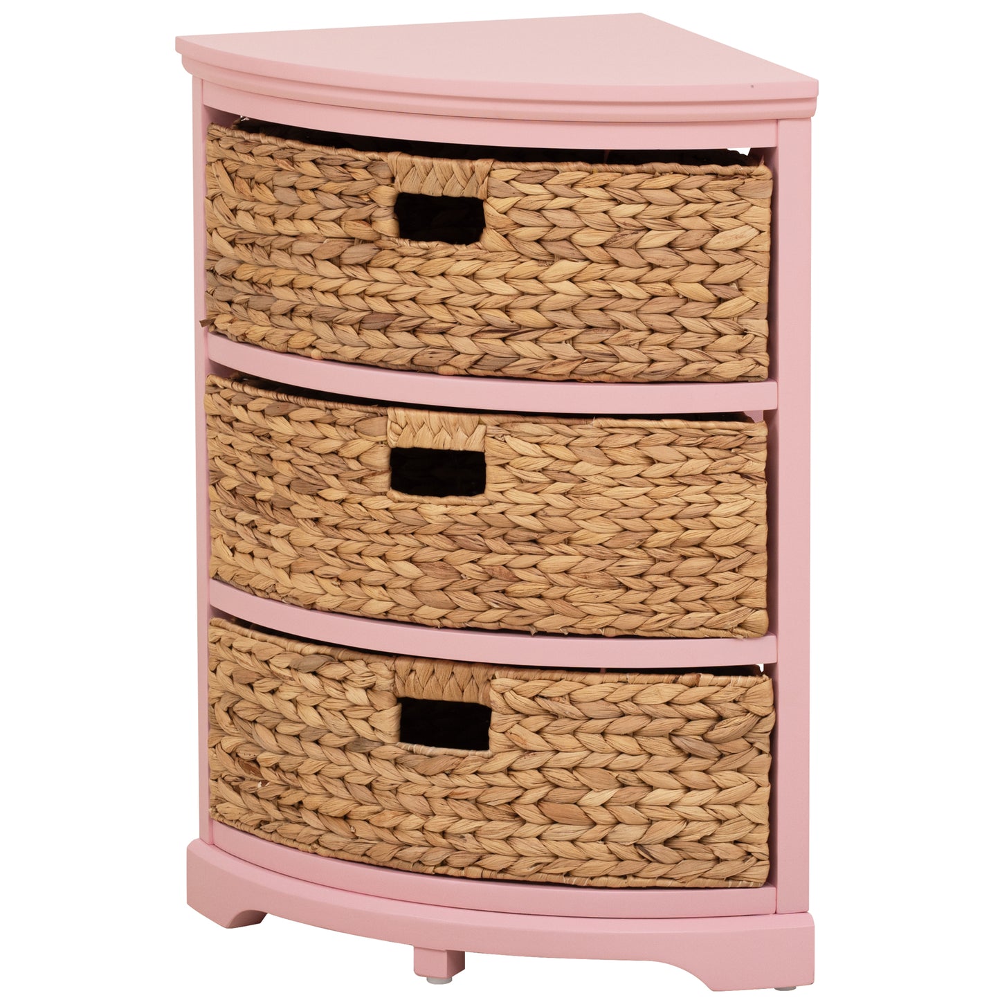 eHemco Hampton Meadows 3 Tier X-Side Corner Table Storage Cabinet with 3 Natural Water Hyacinth Wicker Baskets for Living Room