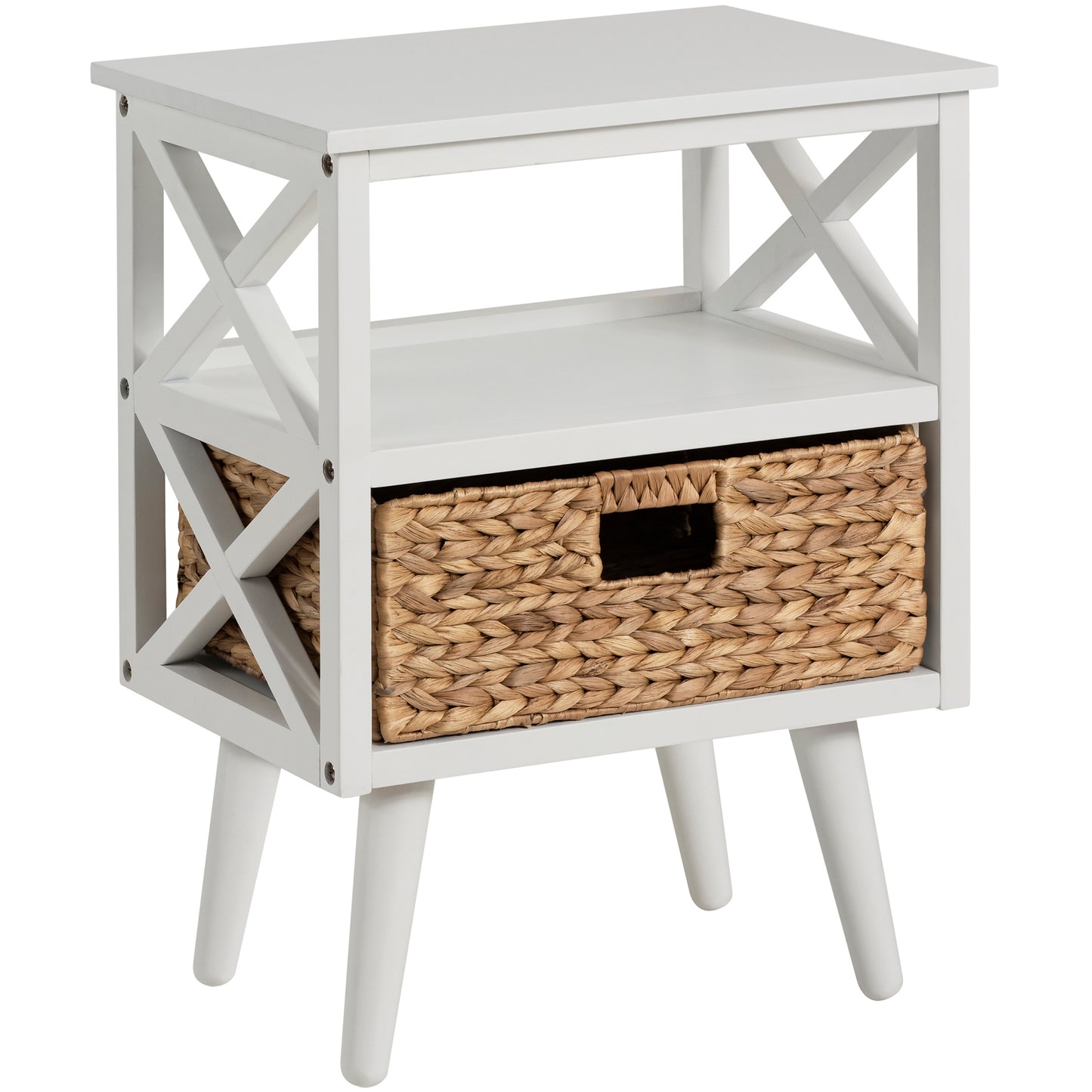 eHemco X-Side Mid-Century Modern Nightstand End Table with Storage Shelf and Wicker Basket