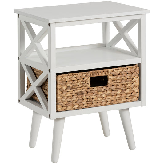 eHemco X-Side Mid-Century Modern Nightstand End Table with Storage Shelf and Wicker Basket
