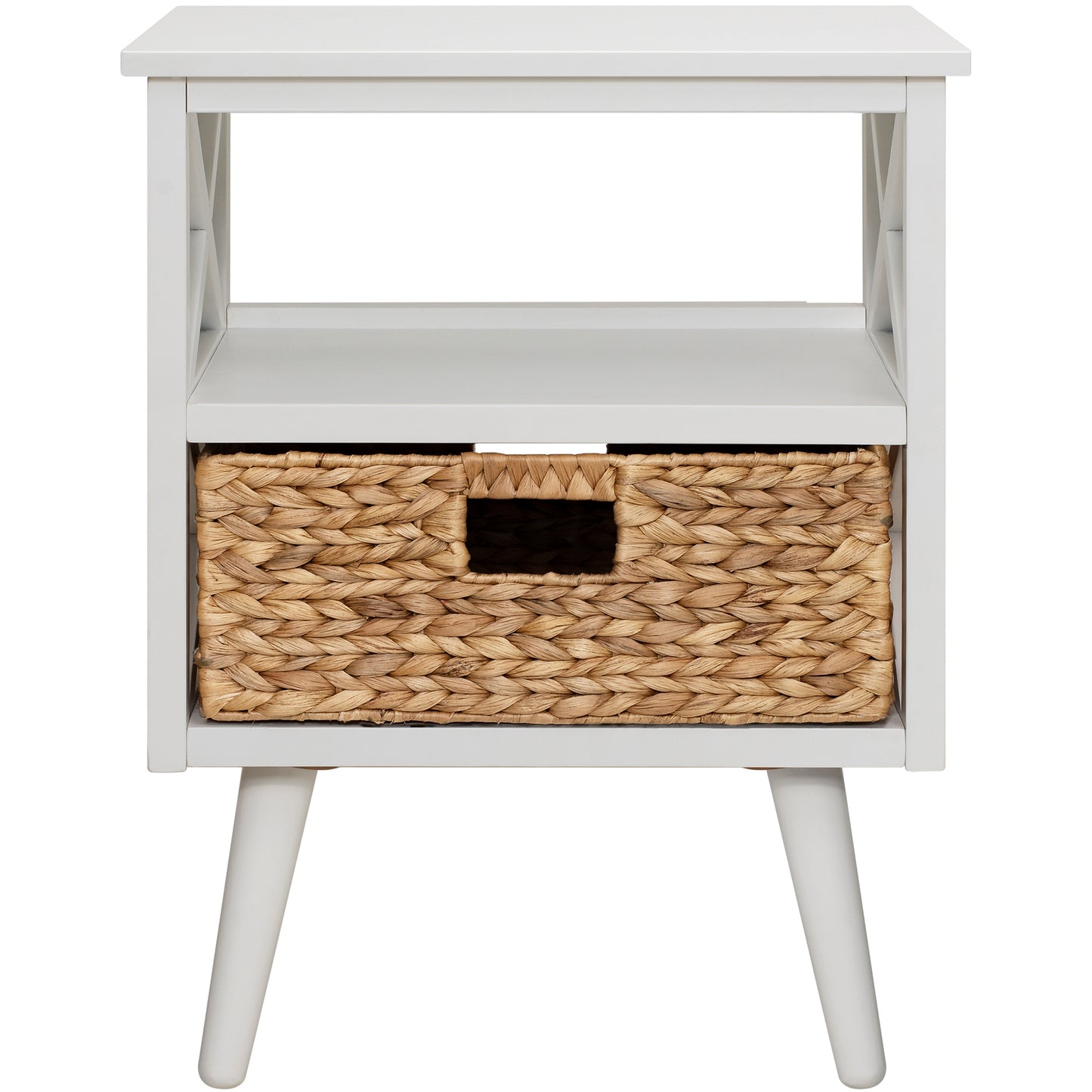eHemco X-Side Mid-Century Modern Nightstand End Table with Storage Shelf and Wicker Basket