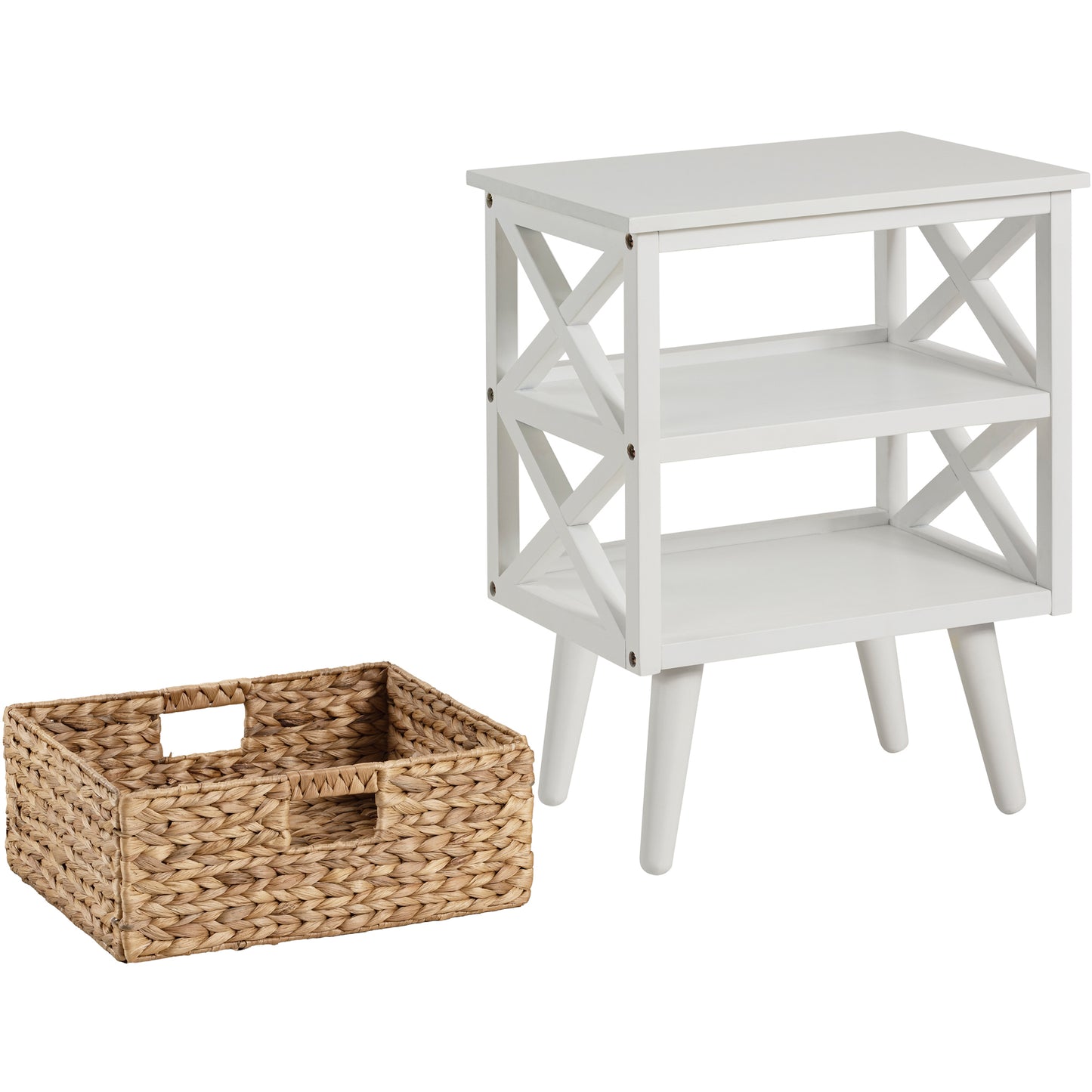 eHemco X-Side Mid-Century Modern Nightstand End Table with Storage Shelf and Wicker Basket