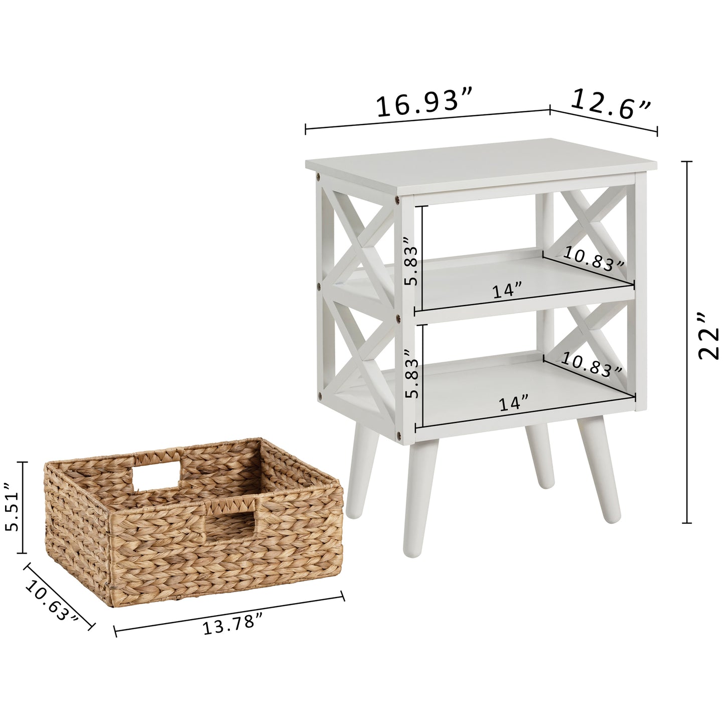 eHemco X-Side Mid-Century Modern Nightstand End Table with Storage Shelf and Wicker Basket