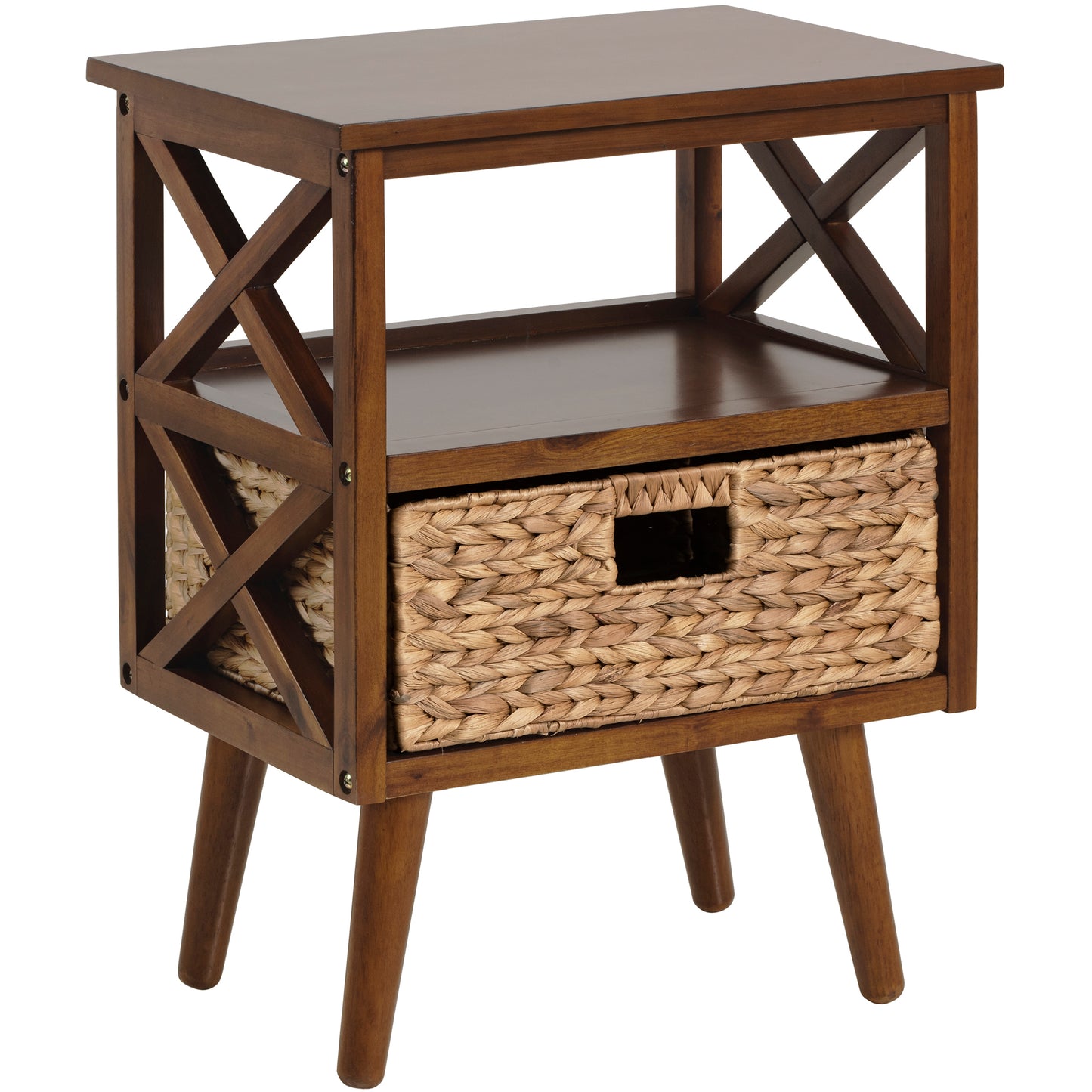 eHemco X-Side Mid-Century Modern Nightstand End Table with Storage Shelf and Wicker Basket