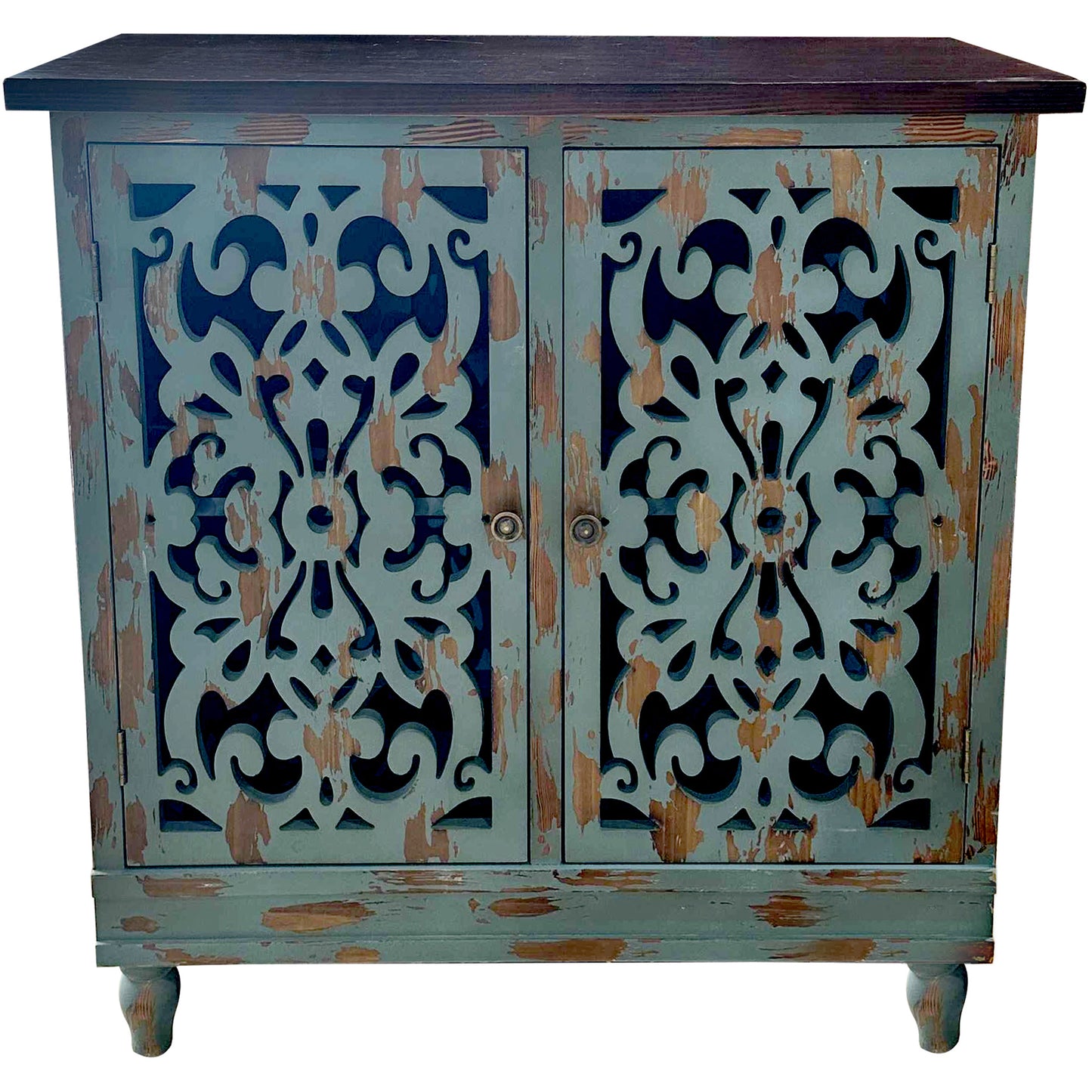 eHemco Rustic Accent Distressed Cabinet with 2 Doors with Dual Storage Shelf for Living Room and Entryway, Teal